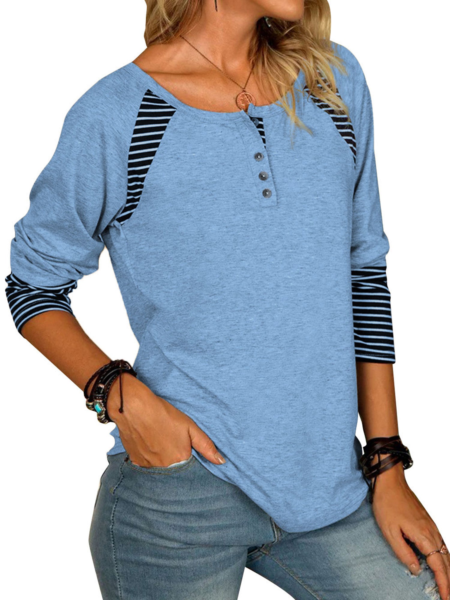 Men's Full Size Striped Quarter Button Long Sleeve T-Shirt - Casual Comfort Wear for Everyday Outfits & Layering