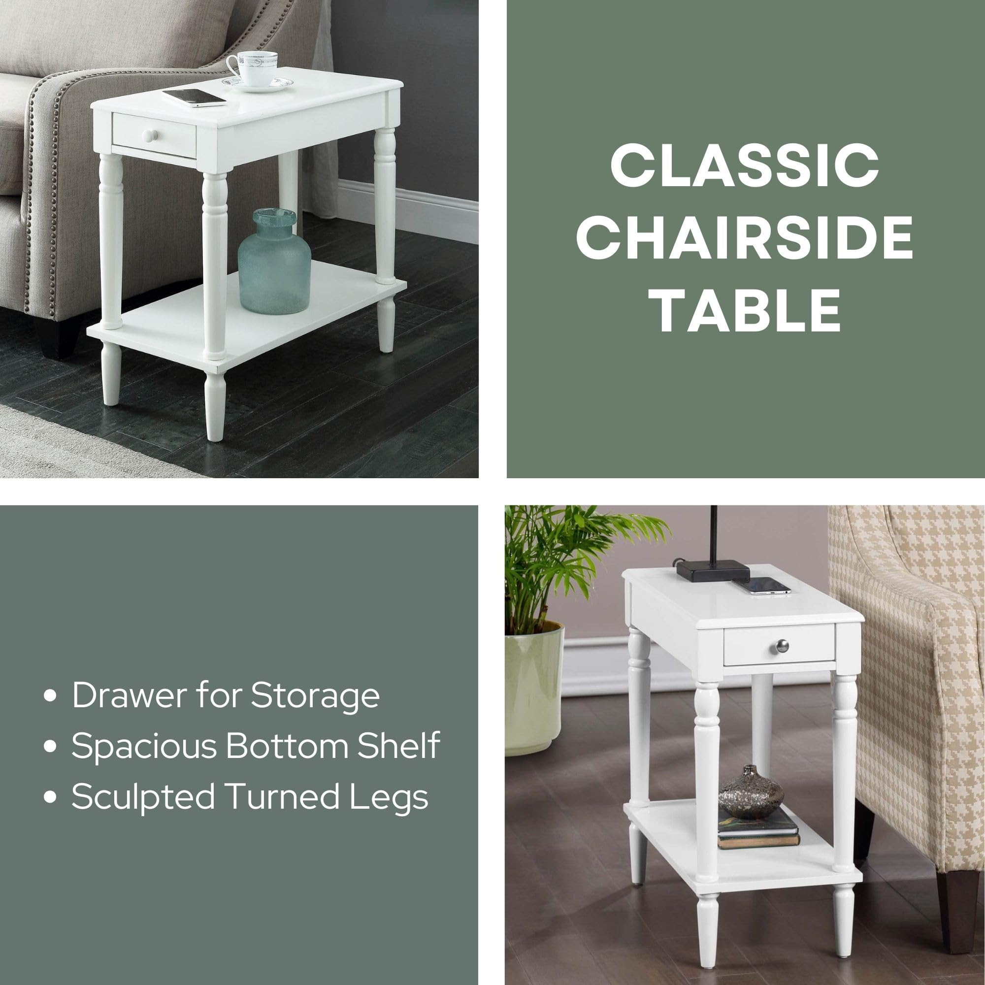 French Country Style No-Tools Assembly Chairside End Table in White - Perfect for Living Room, Bedroom, or Office Side Table