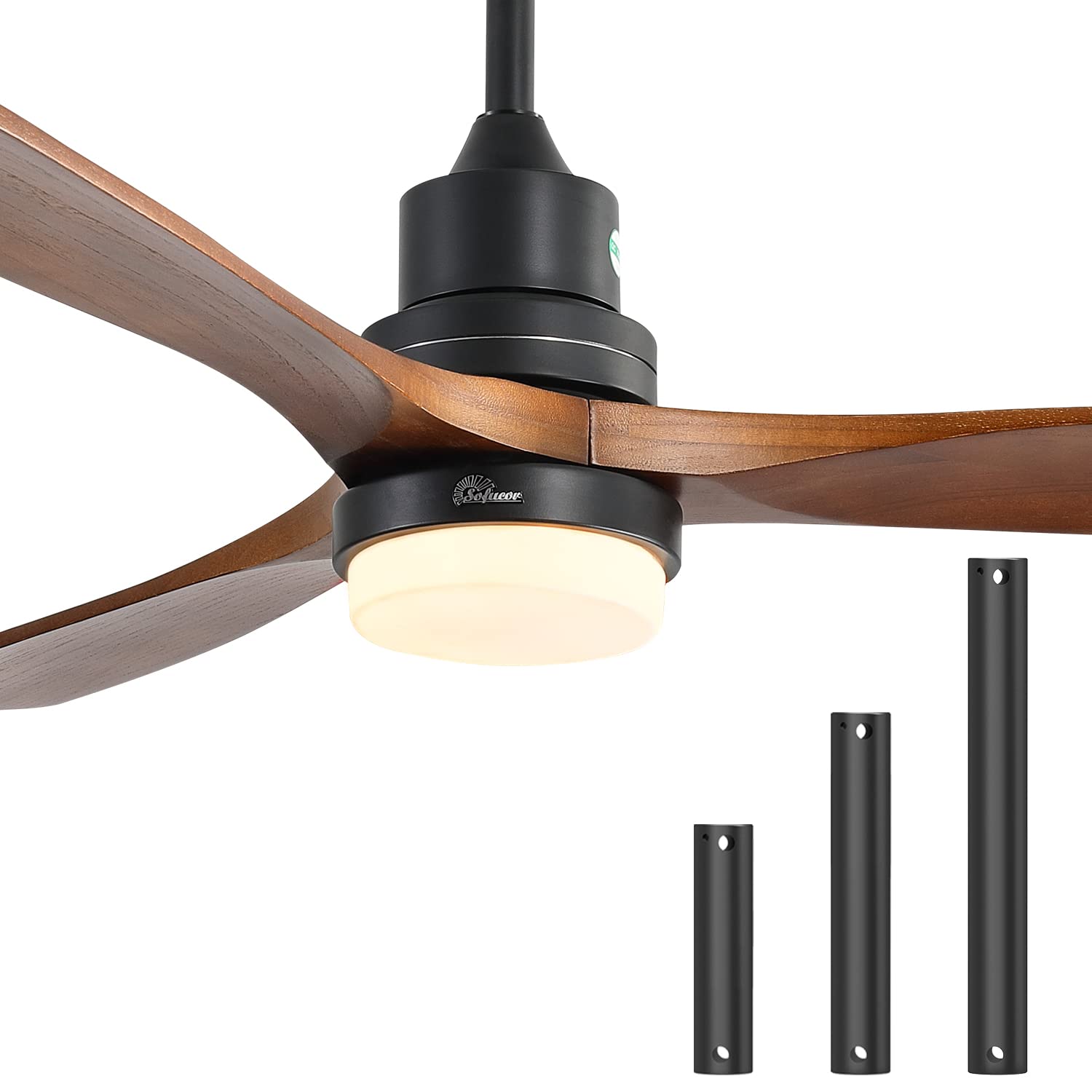 Sofucor 52 Inch Indoor Outdoor Ceiling Fan with Light Kit and Remote Control - 3 Speed Reversible Quiet DC Motor, 3 Walnut Wood Blades - Perfect for Bedroom, Living Room, Patio and Covered Porch