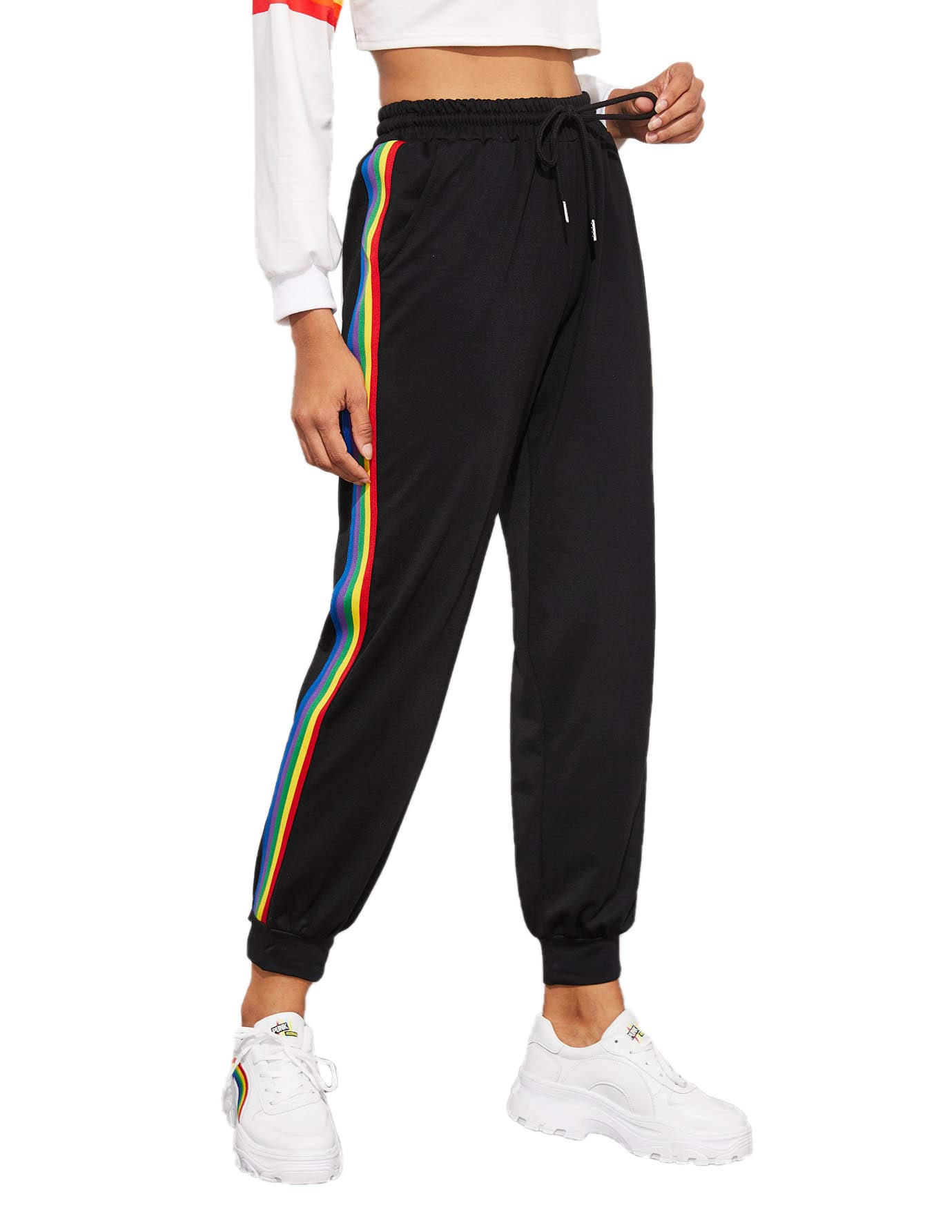 SweatyRocks Women's High Waist Striped Jogger Sweatpants with Drawstring & Pockets - Comfortable Lounge Pants for Yoga, Running, and Casual Wear