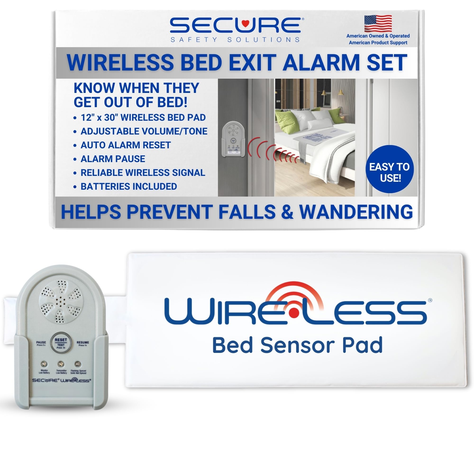 Wireless Bed Alarm for Elderly - 12x30 Inch Sensor Pad with Remote Alert Monitor - Fall Prevention & Bed Exit Alert System for Dementia Patients - Ideal for Home Care, Nursing Homes, and Assisted Living Facilities