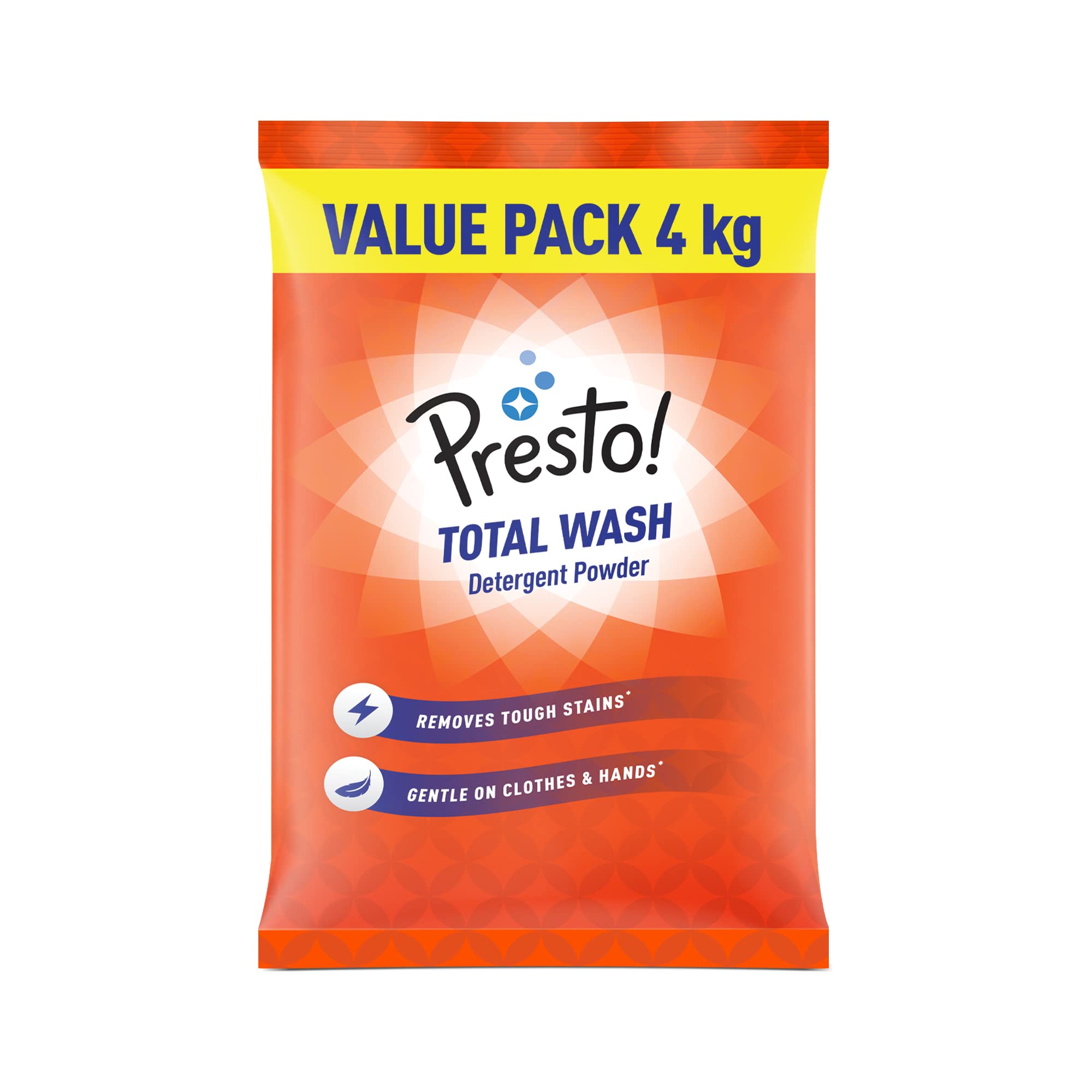 Presto! Total Wash Detergent Powder 4kg - Heavy Duty Stain Remover | Gentle on Fabrics | Fresh Scent | Machine & Hand Wash | Bleach-Free Laundry Detergent | Perfect for Everyday Clothes, Baby Wear & Delicates