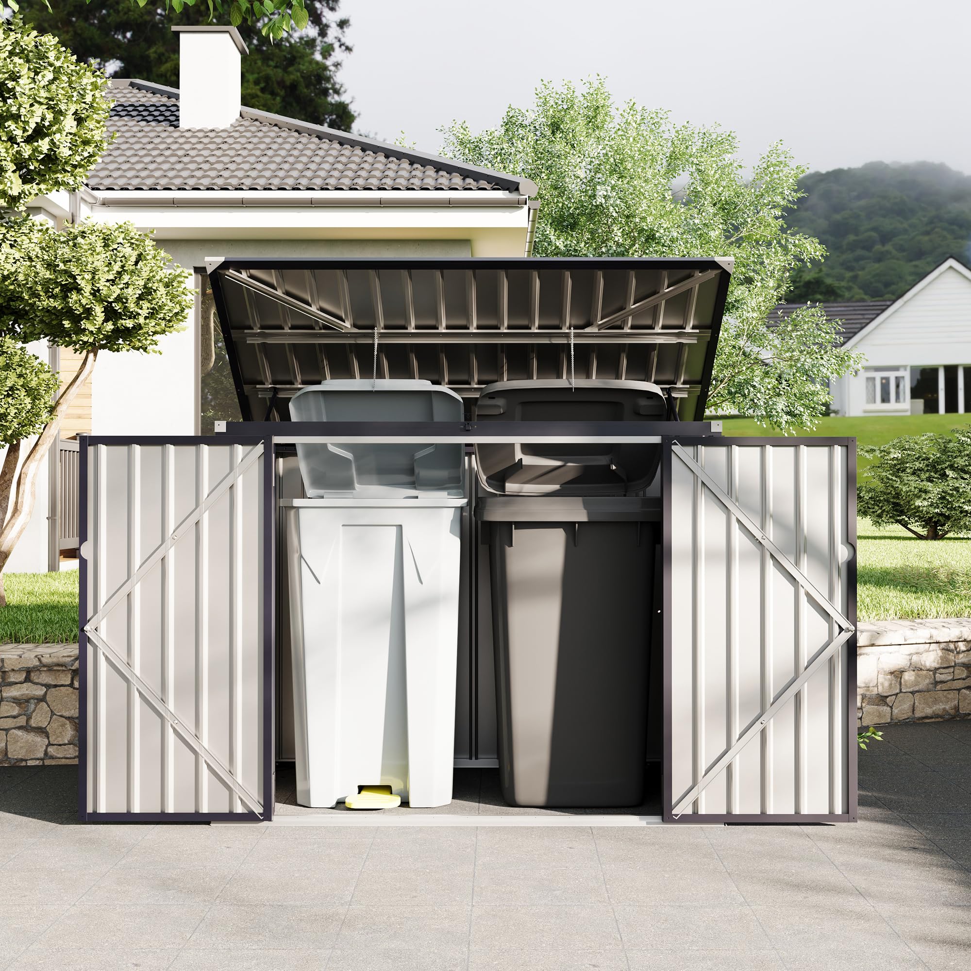 Durable 3x6ft Metal Outdoor Storage Shed for 2 Trash Cans - Heavy Duty Garbage Bin Storage with Secure Chain Lid - Weatherproof Garden, Backyard & Patio Shed Organizer for Home & Commercial Use
