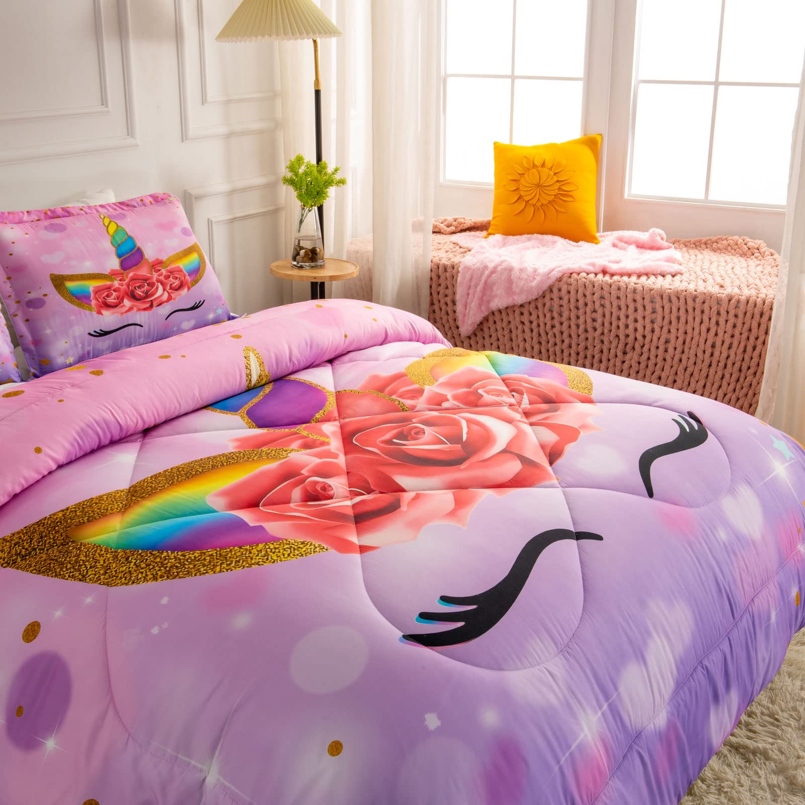 Unicorn Queen Bedding Set for Girls - Ultra Soft Comforter Set with 2 Pillowcases | Machine Washable Kids Bedroom Decor | Perfect for Toddler Rooms, Sleepovers & Princess Themed Bedrooms