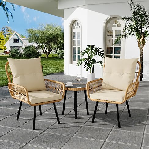 GARVEE 3-Piece Outdoor Wicker Patio Bistro Set - All-Weather Rattan Conversation Set with Glass Top Coffee Table & Cushioned Chairs - Perfect for Poolside, Garden, Backyard, Balcony & Patio Decor - Beige