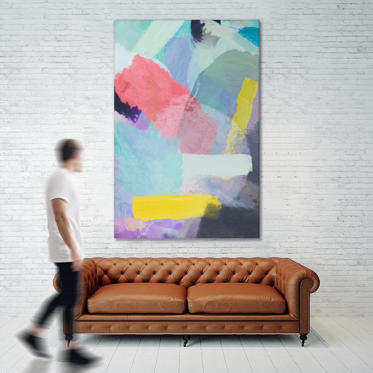 Abstract Brush Painting Texture in Blue, Pink, Yellow & Green - Modern Wall Art for Living Room, Bedroom & Office Decor