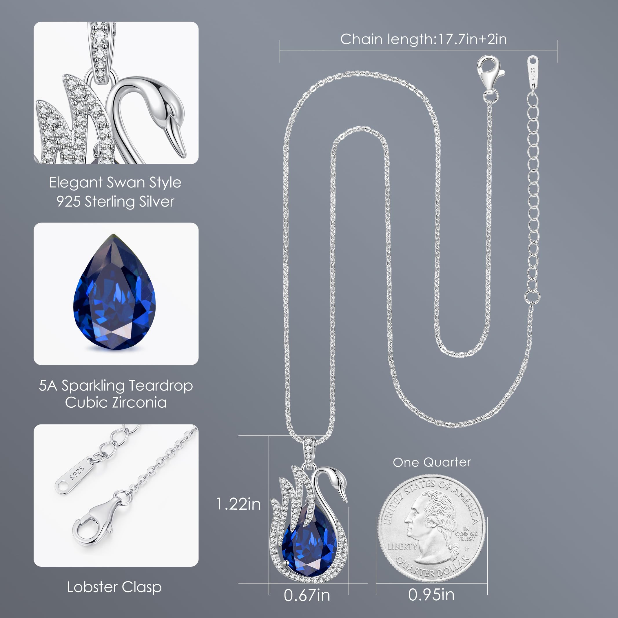 LOUISA SECRET Swan Waterdrop Heart Birthstone Necklace for Women - 925 Sterling Silver Pendant Necklace, Elegant Jewelry Gift for Wife, Mom, Girlfriend - Perfect for Birthday, Anniversary, Christmas & Everyday Wear