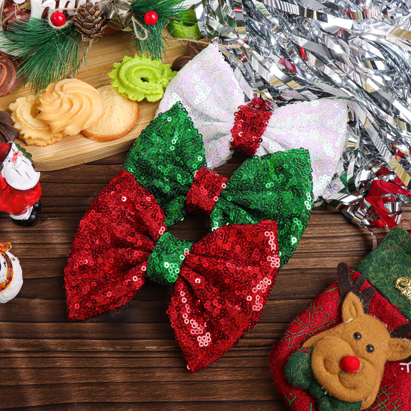 Festive Sequins Hair Bows for Christmas - Red, White, Green Alligator Clips for Girls & Women | Holiday Party Accessories