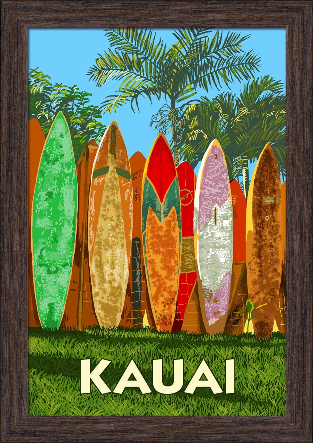 Kauai Surfboard Fence Wall Art - 12x18 Inch Giclee Fine Art Print with Recycled Wood Frame in Espresso Brown - Perfect for Beach House Decor, Surf Shop Display & Coastal Home Styling