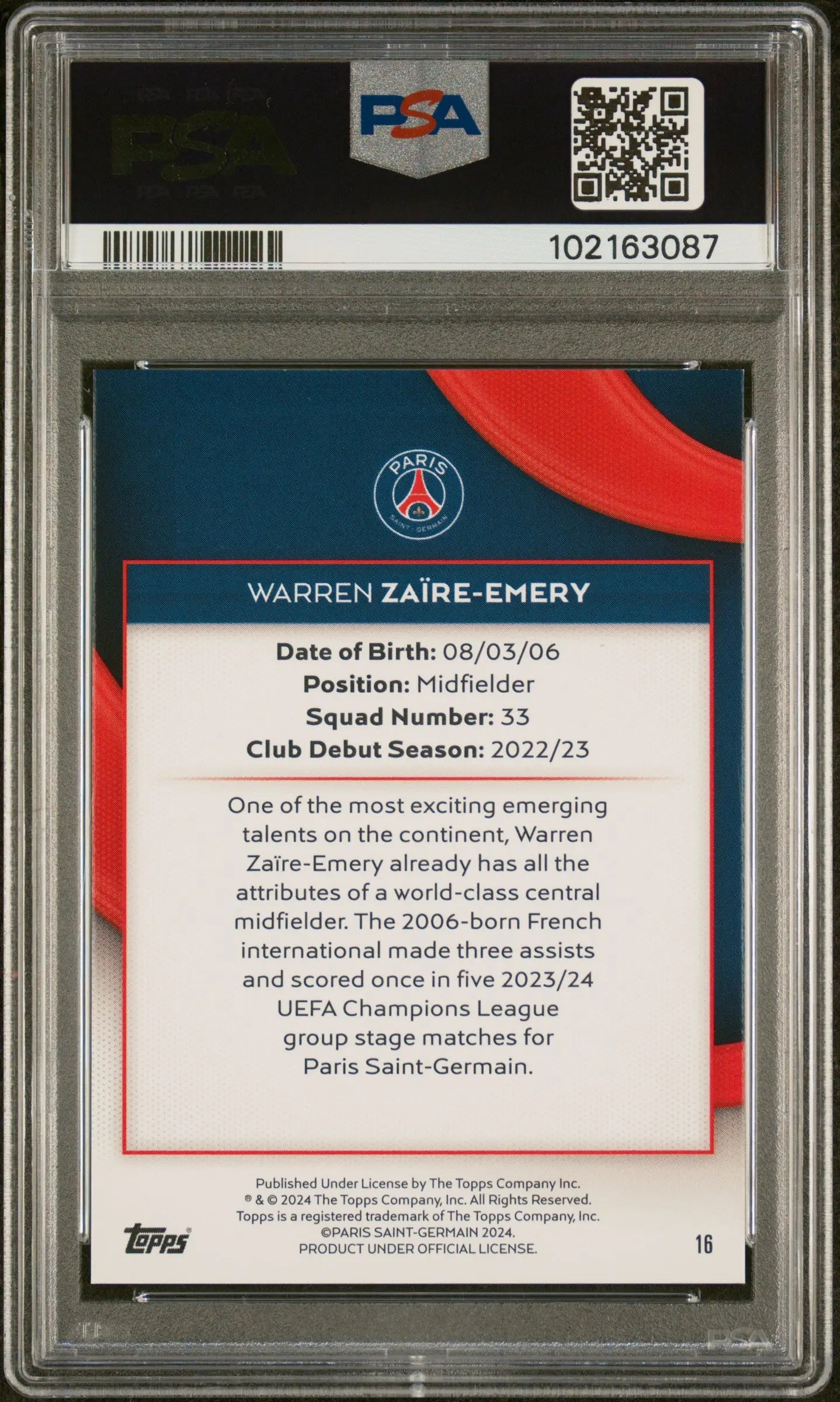 2023-24 Topps Paris Saint Germain Team Set Warren Zaire-Emery Orange PSA 9 1/25 - Rare Soccer Trading Card for Collectors & PSG Fans