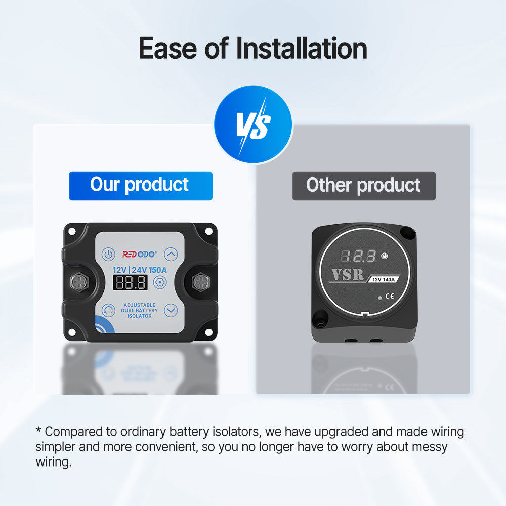 Redodo 12V/24V 150A Adjustable Dual Battery Isolator (VSR) - Auto Connect/Disconnect Starter & House Batteries with LCD Display - Perfect for RVs, Boats, and Off-Grid Power Systems