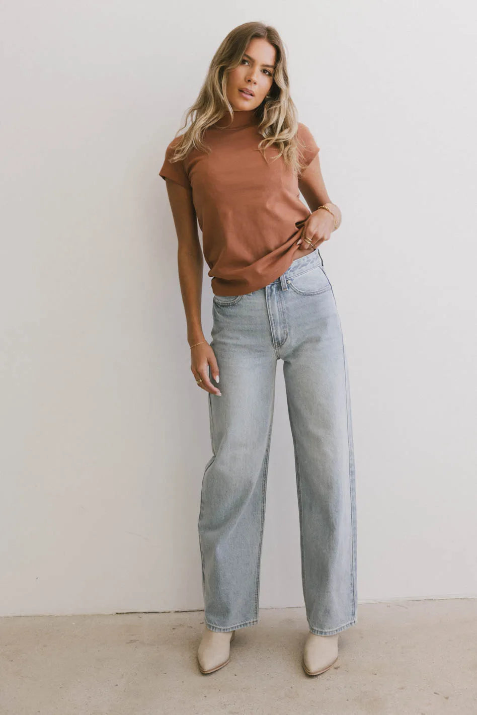 Marley Mock Neck Tee in Rust - Soft Cotton Stretch T-Shirt for Women | Casual Wear, Layering & Everyday Outfits