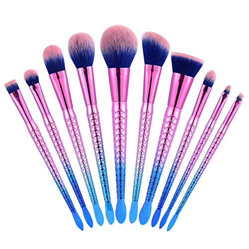 10PCS Professional Mermaid Makeup Brush Set - Gradient Color 3D Fish Scale Handle for Foundation, Blush & Eyeshadow | Perfect for Makeup Artists, Beginners & Travel Makeup Kit