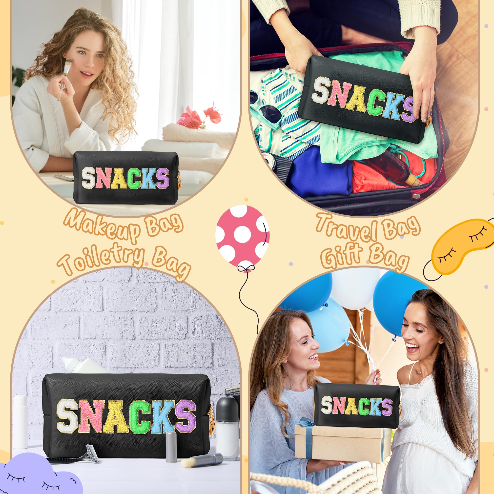 CY2SIDE SNACKS Letter Makeup Bag - Waterproof Black PU Leather Cosmetic Pouch with Colorful Chenille Letter Patch, Portable Travel Organizer for Women & Girls | Perfect for Travel, Gym, and Christmas Gifts
