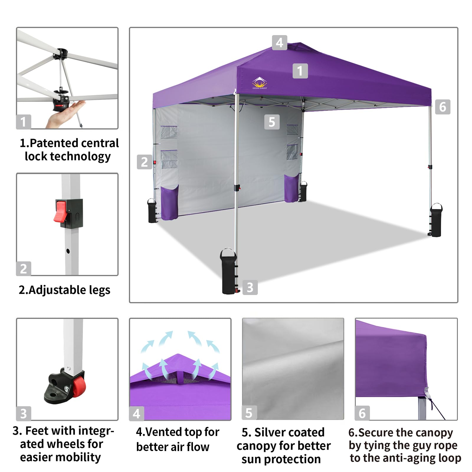 10x10 Pop Up Canopy Tent with Sidewalls & Pockets - Purple Instant Sun Shelter for Outdoor Events, Camping & Beach - Easy One-Person Setup & Portable Center Lock Design - Perfect for Picnics, Tailgating & Backyard Parties
