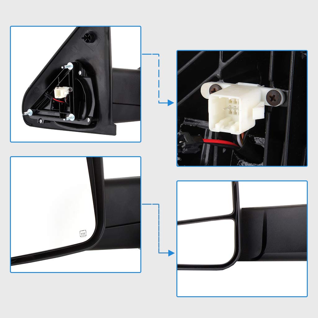 ECCPP Power Heated Towing Mirrors for Dodge Ram 1500/2500/3500 (2002-2009) - Black Housing, Left & Right Side, No Turn Signal - Perfect for Heavy-Duty Towing & Winter Driving