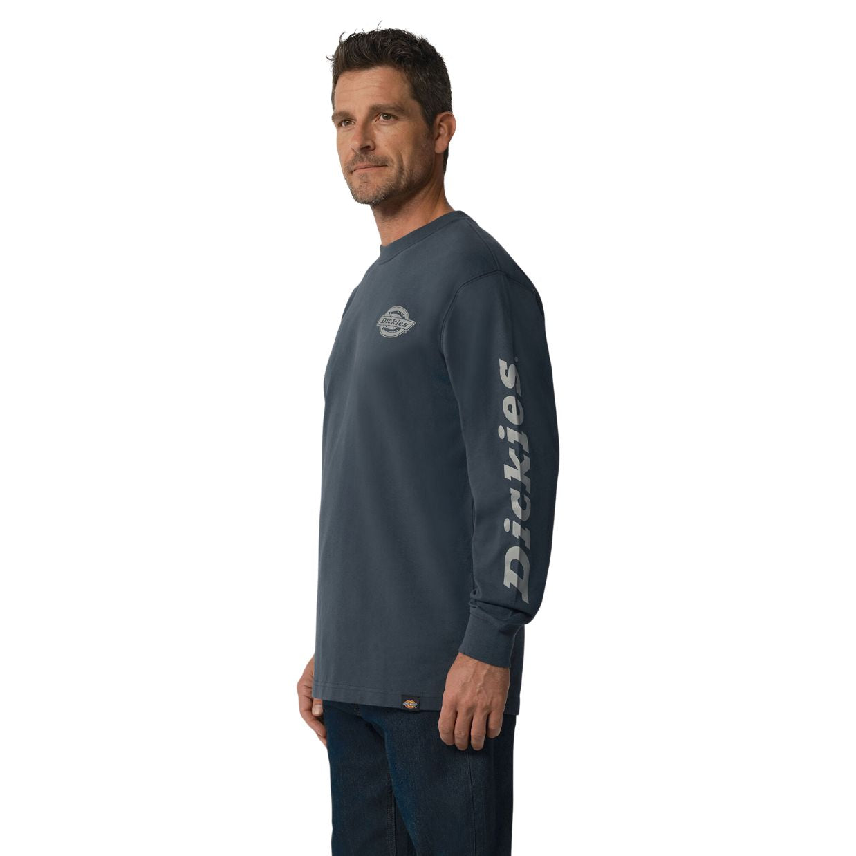 Dickies Heavyweight Logo Men's Long Sleeve Work T-Shirt - Durable Cotton Crewneck Shirt for Construction, Warehouse & Outdoor Jobs (Airforce Blue, WL22C) - Perfect for Workwear, Casual Wear & DIY Projects