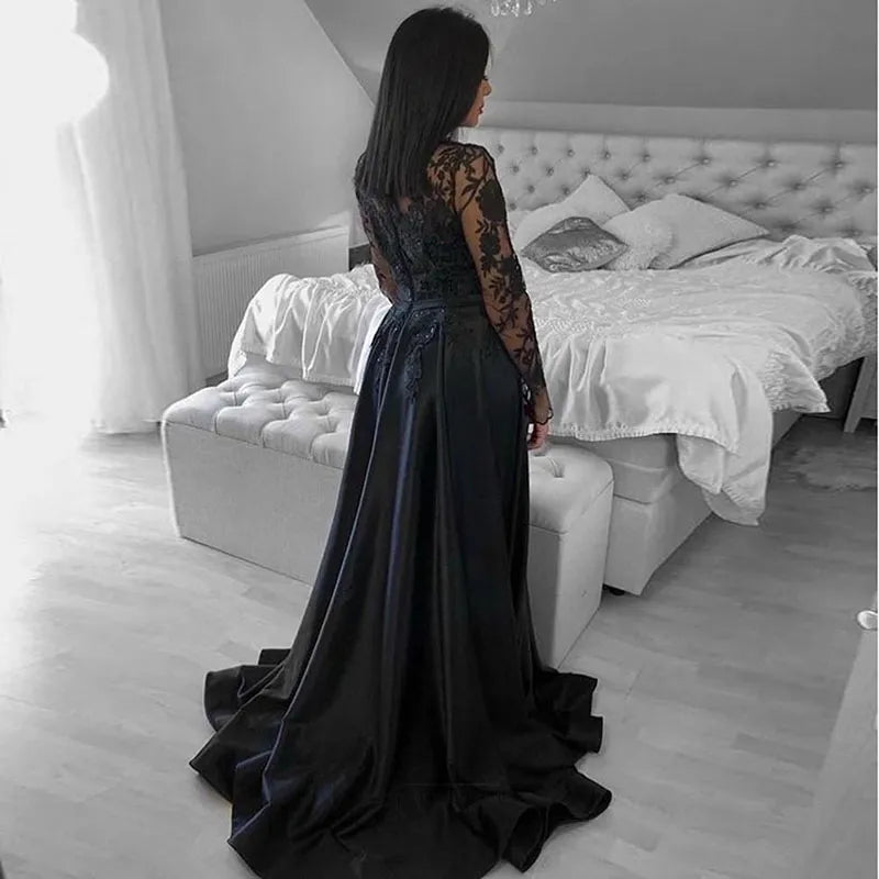 Elegant Long Sleeve Black Wedding Gown with High Neck Lace and Side Split - Perfect for Gothic, Vintage, or Alternative Bridal Ceremonies