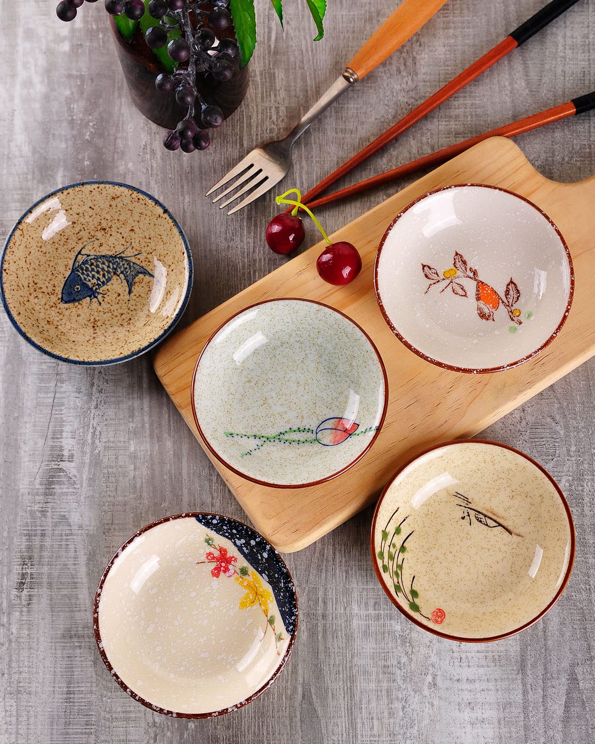 Japanese Retro Porcelain Side Dish Set - 5 Ceramic Bowls for Soy Sauce, Dipping & Seasoning | Perfect for Sushi, Ramen & Asian Dining Decor