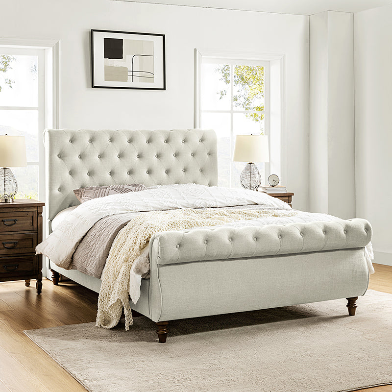 Deirdre Upholstered Sleigh Platform Bed - Queen Size with Solid Wood Frame & Luxe Fabric Headboard - Perfect for Modern Bedroom & Guest Room Decor