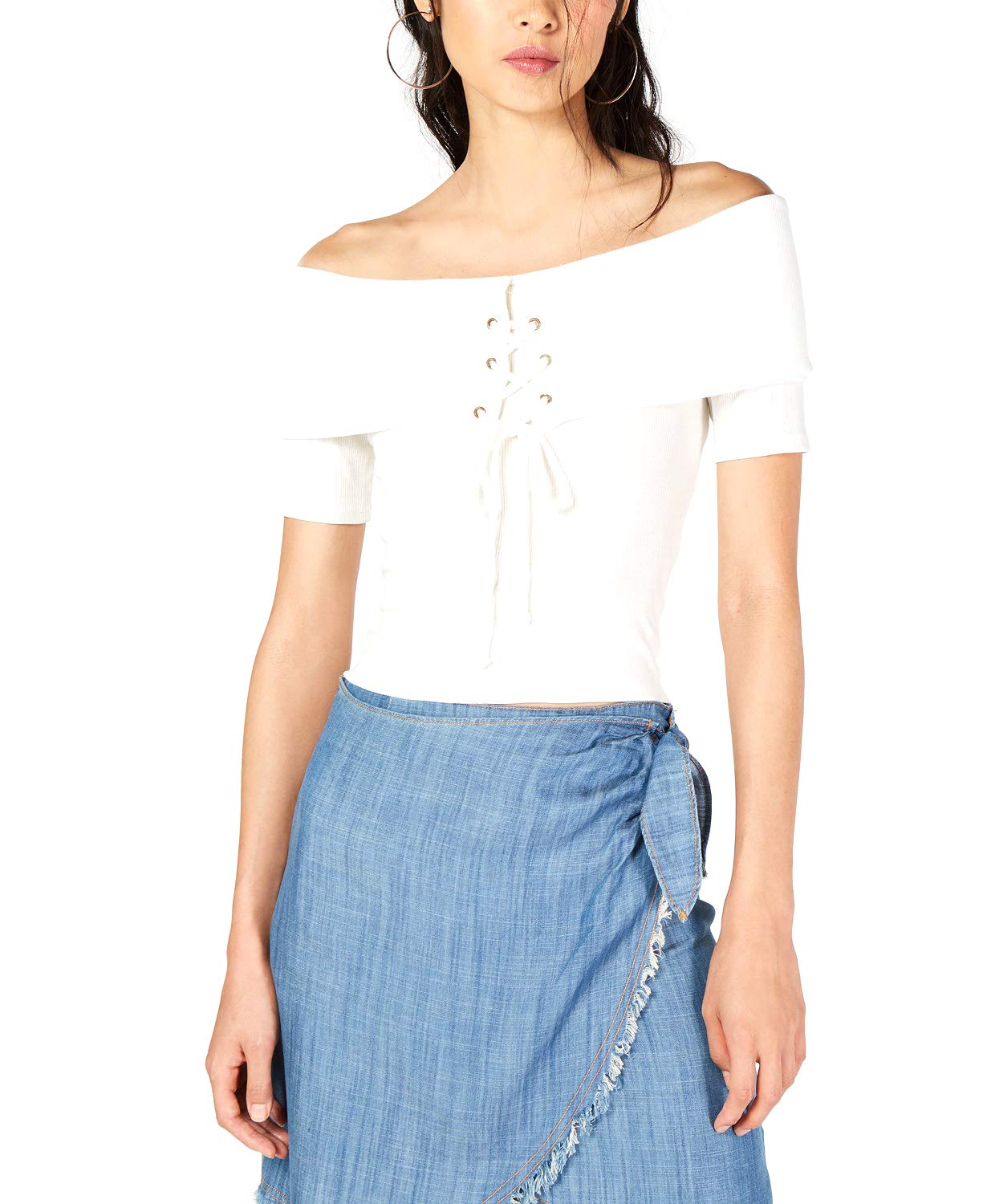 Sadie & Sage Women's Lace-Up Ribbed Crop Top - White XL | Sexy Casual Summer T-Shirt for Streetwear, Date Night & Music Festivals