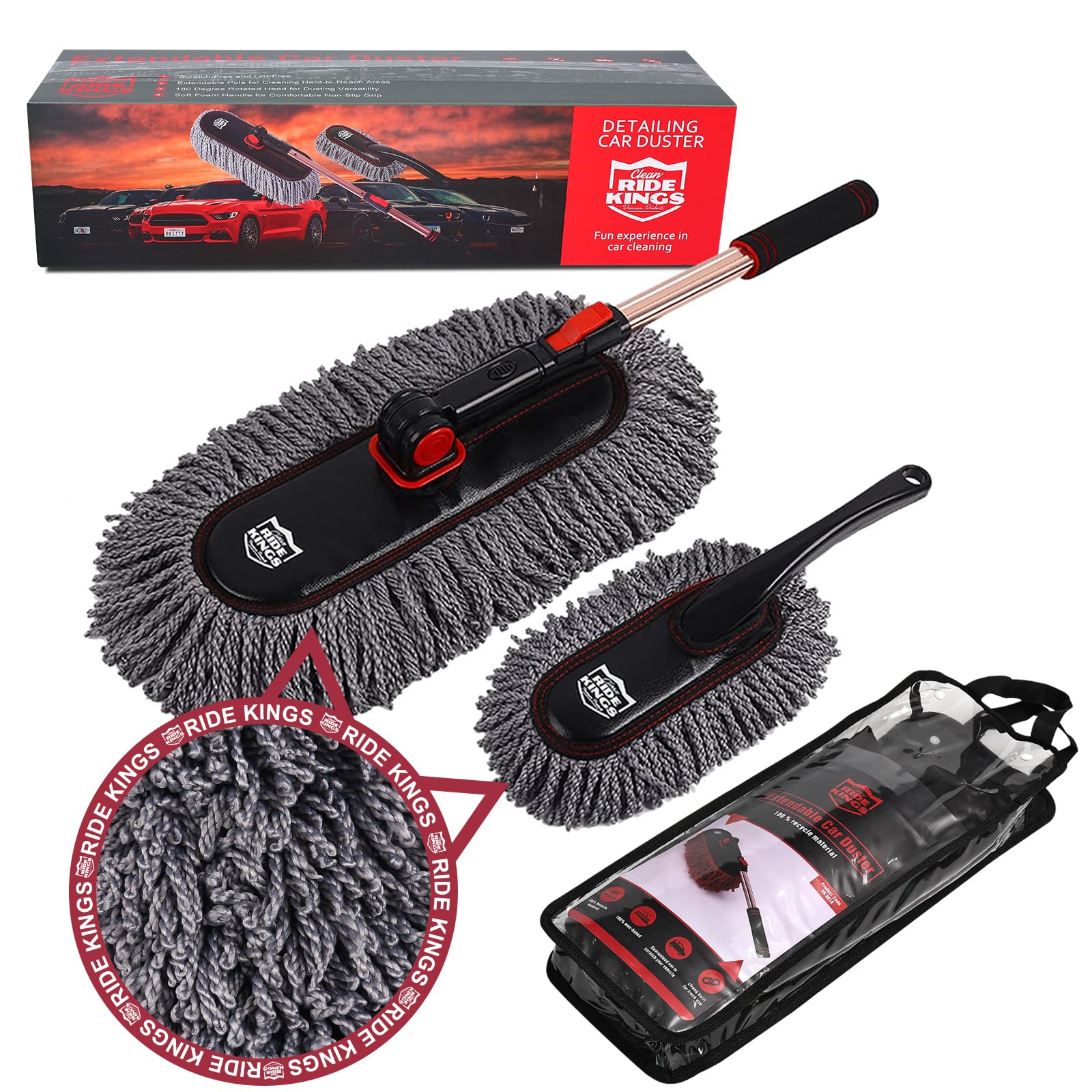 Extendable Car Duster Set with Scratch Remover - Large & Small Microfiber Brushes for Exterior & Interior Cleaning of Cars and Trucks, Perfect for Home and On-the-Go Use