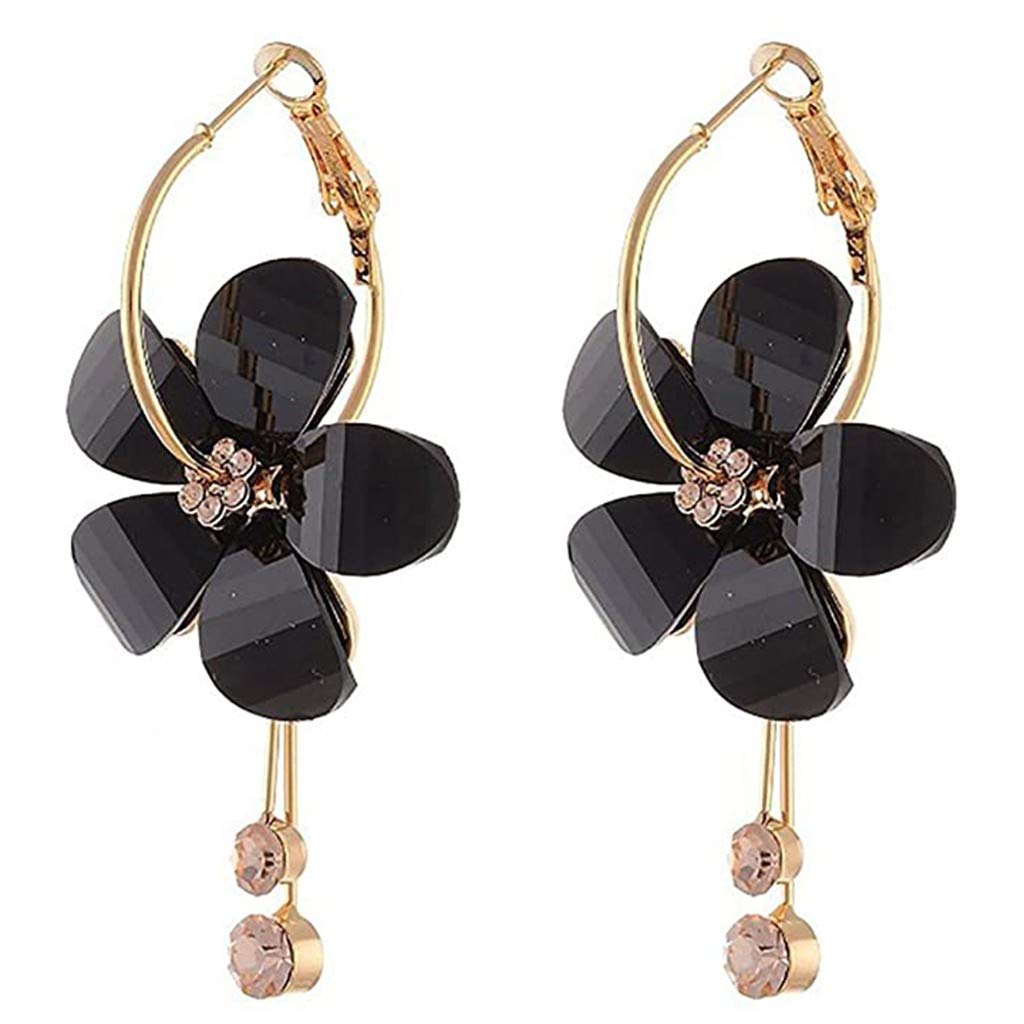 Evangelia.YM Women's Crystal Flower Pendant Earrings - Colorful Rhinestone Dangle Drop Tassel Earrings for Women | Fashion Jewelry Gift for Her | Perfect for Parties, Weddings & Evening Events (Black)