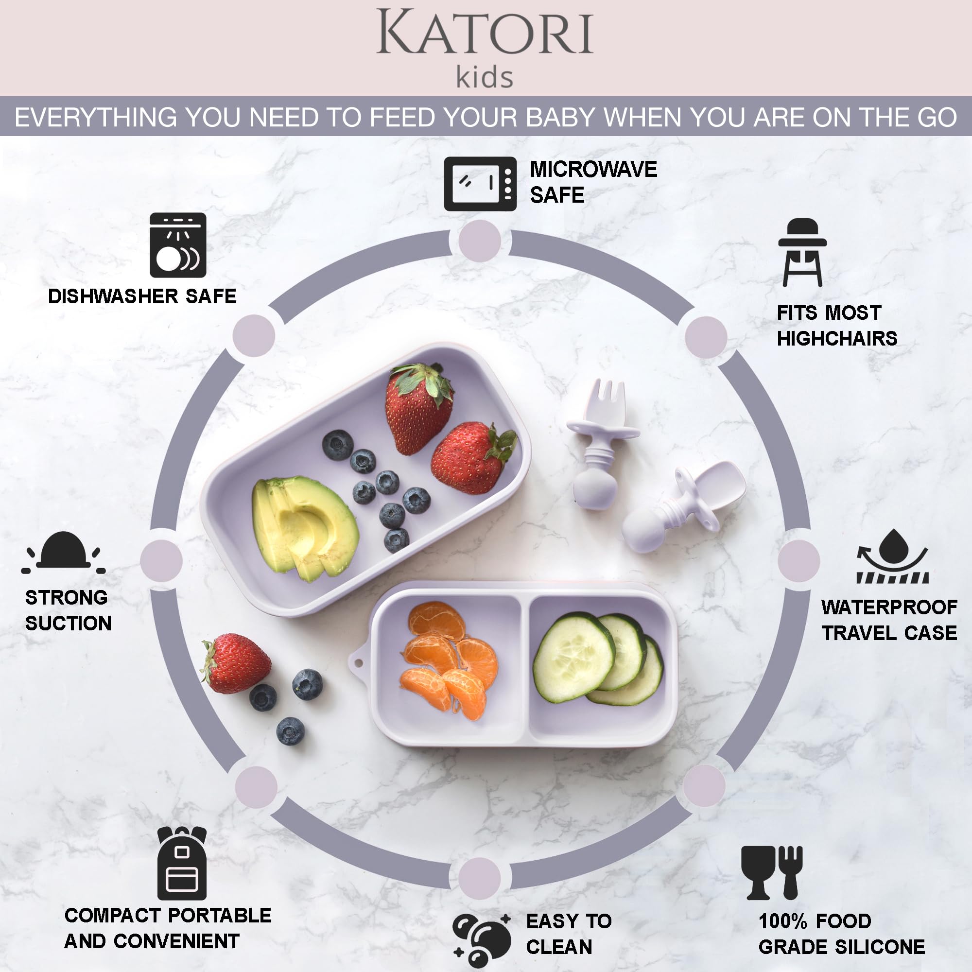 KATORI KIDS 5-Piece Suction Plate Baby Travel Feeding Set with Non-Slip Silicone Bowl, Toddler Plate & Storage Bag | BPA-Free Dishwasher Safe Baby Essentials | Perfect for Airplane, Car Trips & Restaurant Dining
