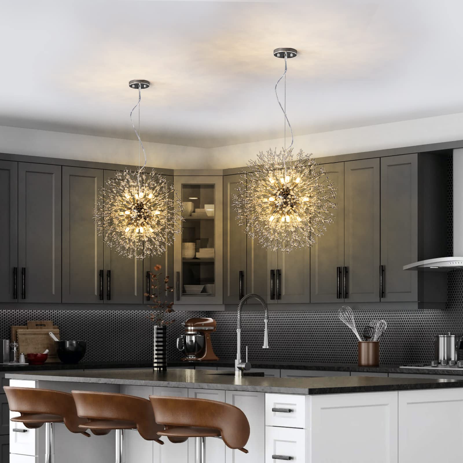 Modern Firework Dandelion Sputnik Chandelier - 12-Light Crystal Chrome Pendant Lighting Fixture for Kitchen Island, Dining Room, Bedroom & Living Room | Elegant Ceiling Decor for Home & Restaurant Lighting