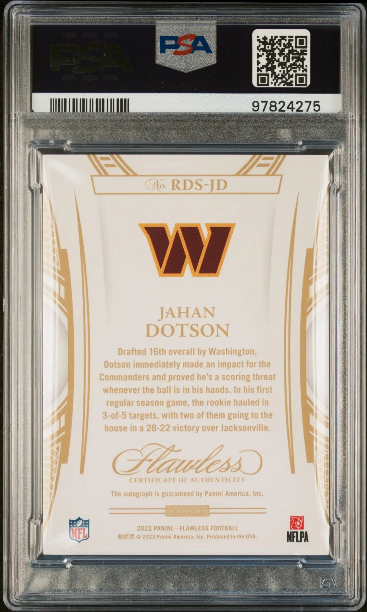 2022 Panini Flawless Rookie Debut Signatures Silver Jahan Dotson Auto PSA 9/20 - Limited Edition Football Trading Card for Collectors & Sports Memorabilia Enthusiasts