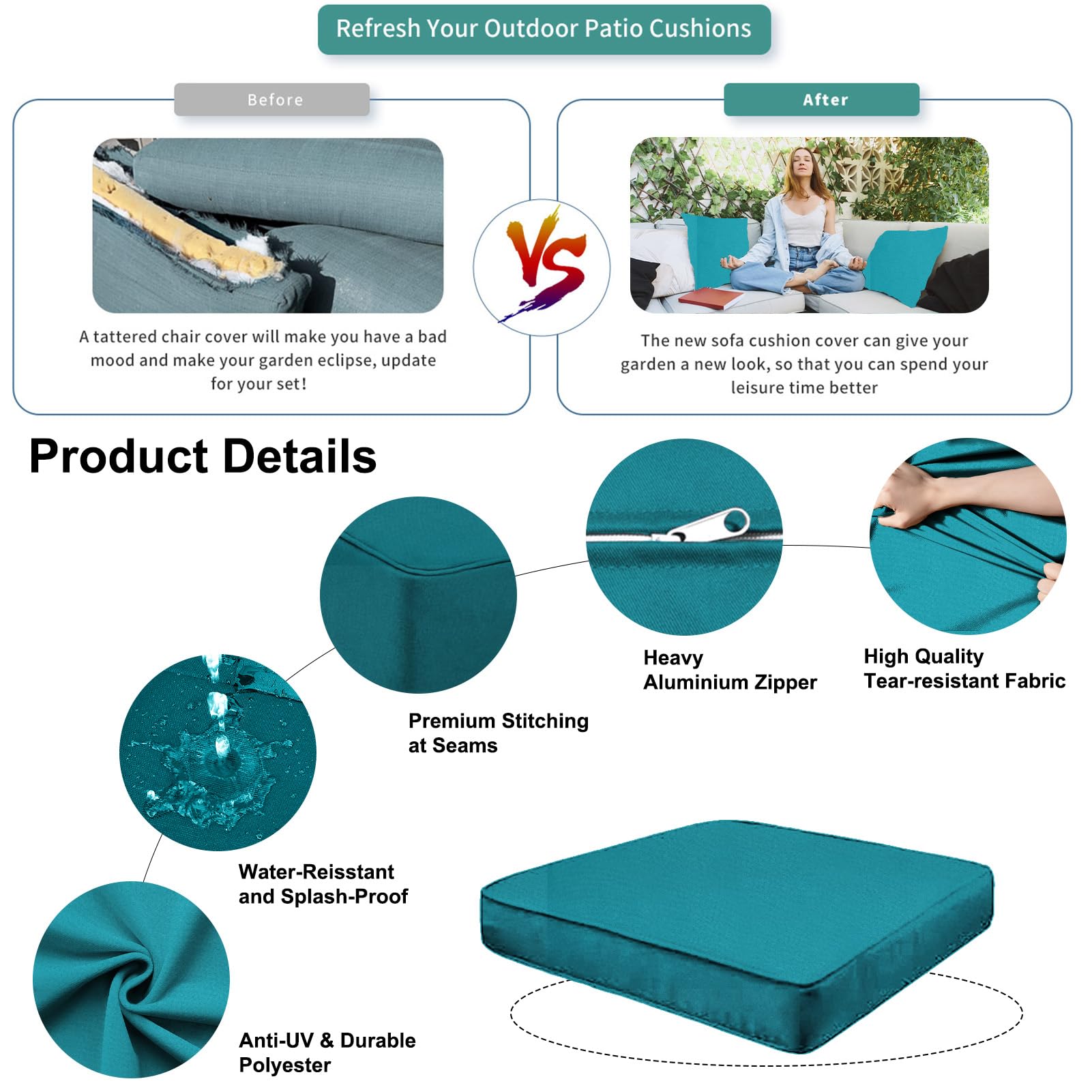 Waterproof Outdoor Patio Cushion Covers with Zipper - Replacement Slipcovers for Wicker Rattan Sectional Couch & Chair (14