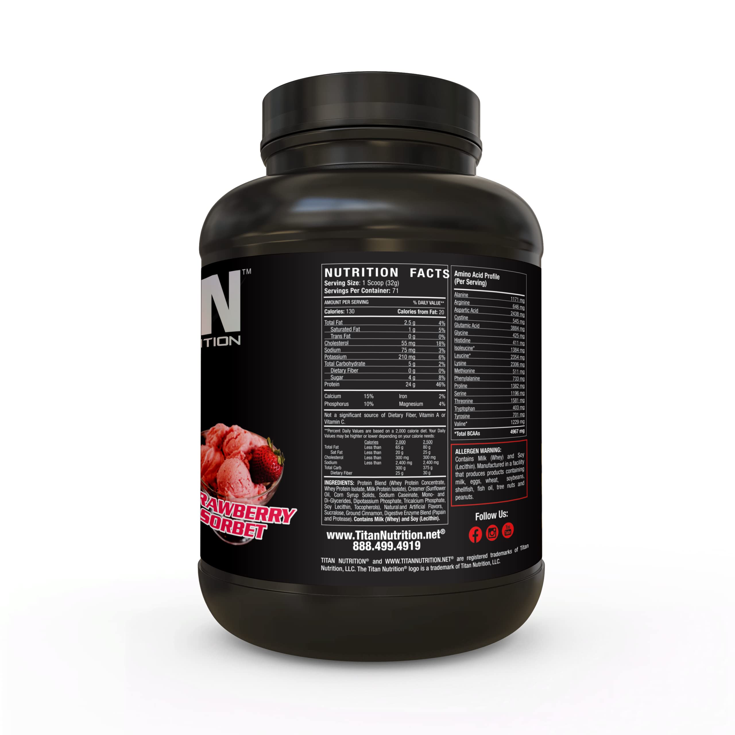 Titan Whey Protein Powder - Premium Fast-Absorbing Whey with 23g Protein, BCAAs & Digestive Enzymes per Serving - Supports Lean Muscle Growth & Digestion - 5lb Strawberry Sorbet - Ideal for Post-Workout Recovery & Weight Management