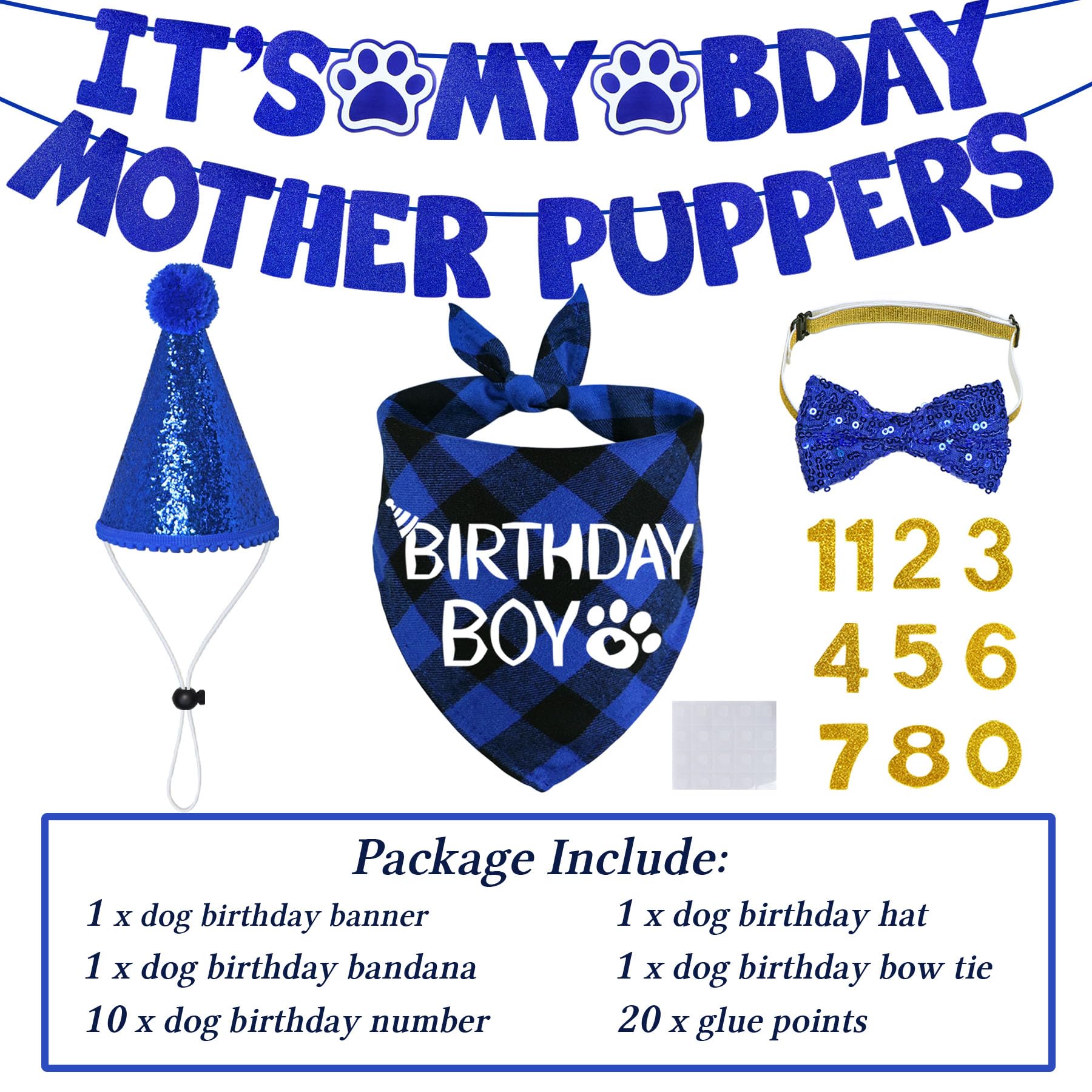 STMK Dog Birthday Party Decorations Set - Adjustable Birthday Hat, Bandana, Bow Tie, Banner & Number Signs for Large & XL Dogs - Perfect for Puppy Birthday Celebrations & Pet Parties (X-Large, Blue)