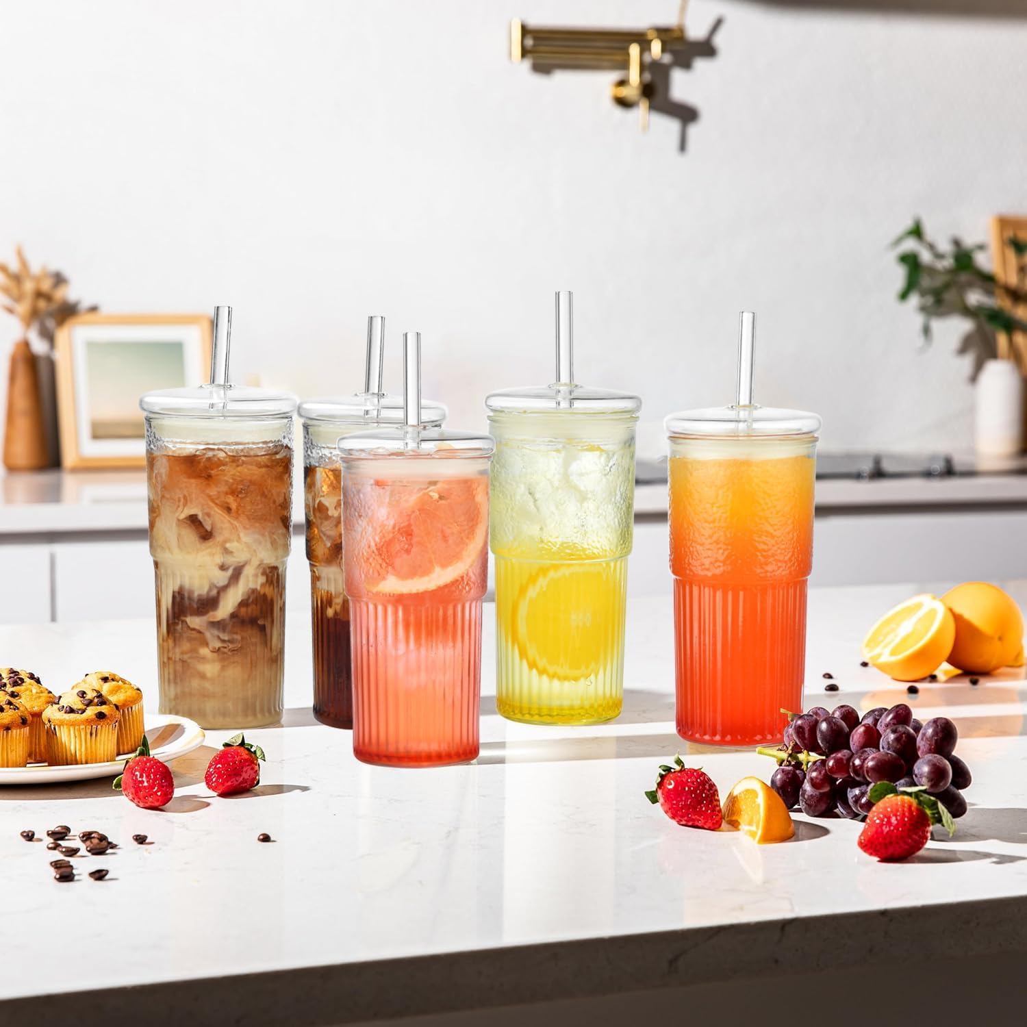 ALINK 22 oz High Borosilicate Glass Cups with Lids and Straws - Clear Iced Coffee Tumblers, Smoothie & Tea Drinking Glasses - Pack of 2 with Cleaning Brush - Perfect for Cold Brew, Iced Tea, and Refreshing Summer Drinks
