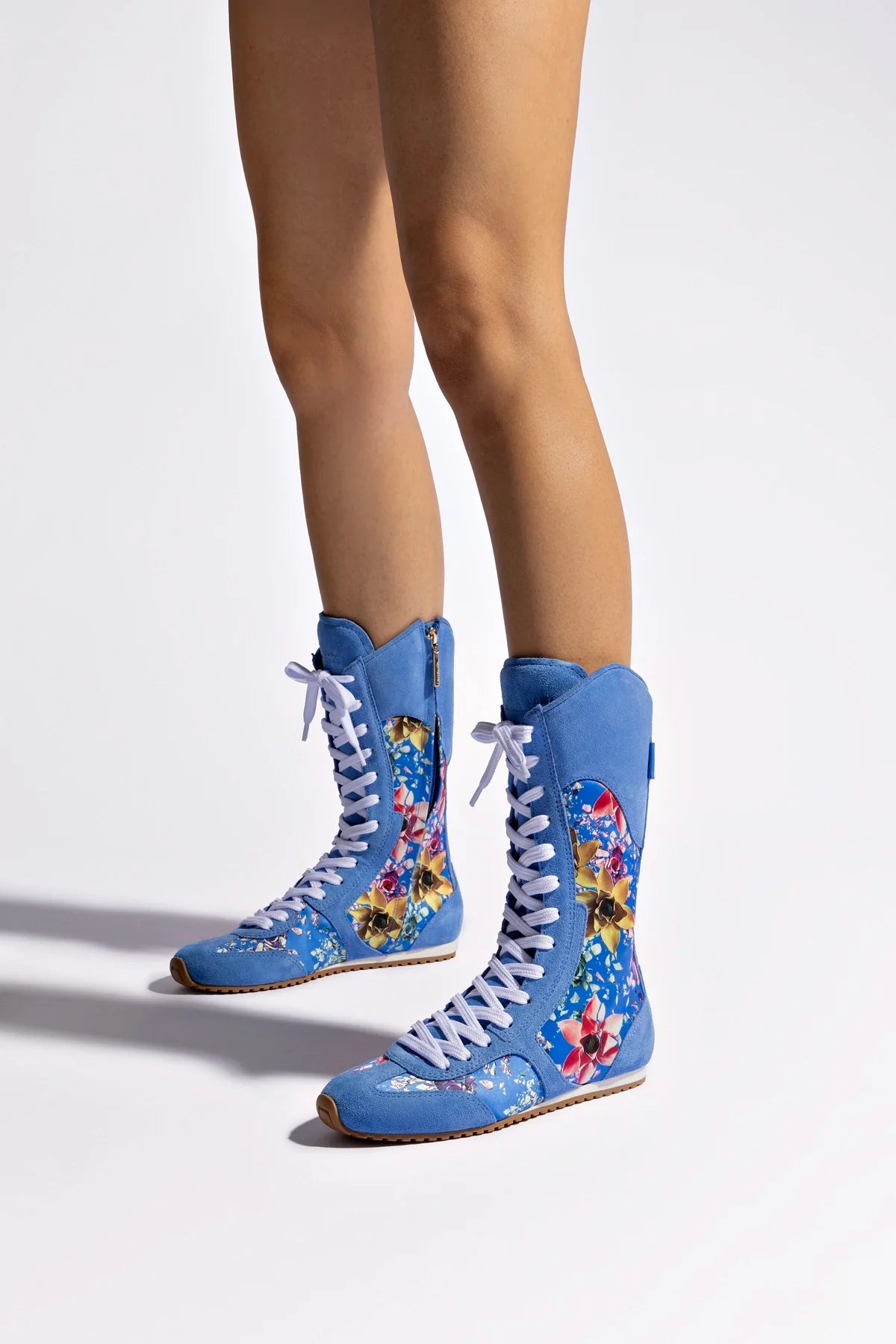 Larroudé x Jonathan Cohen Women's Flat Lo Sneaker Boot in Dodger Blue & Gardenias - Satin Slip-On Comfort Shoes for Casual Wear, Street Style & Everyday Outfits