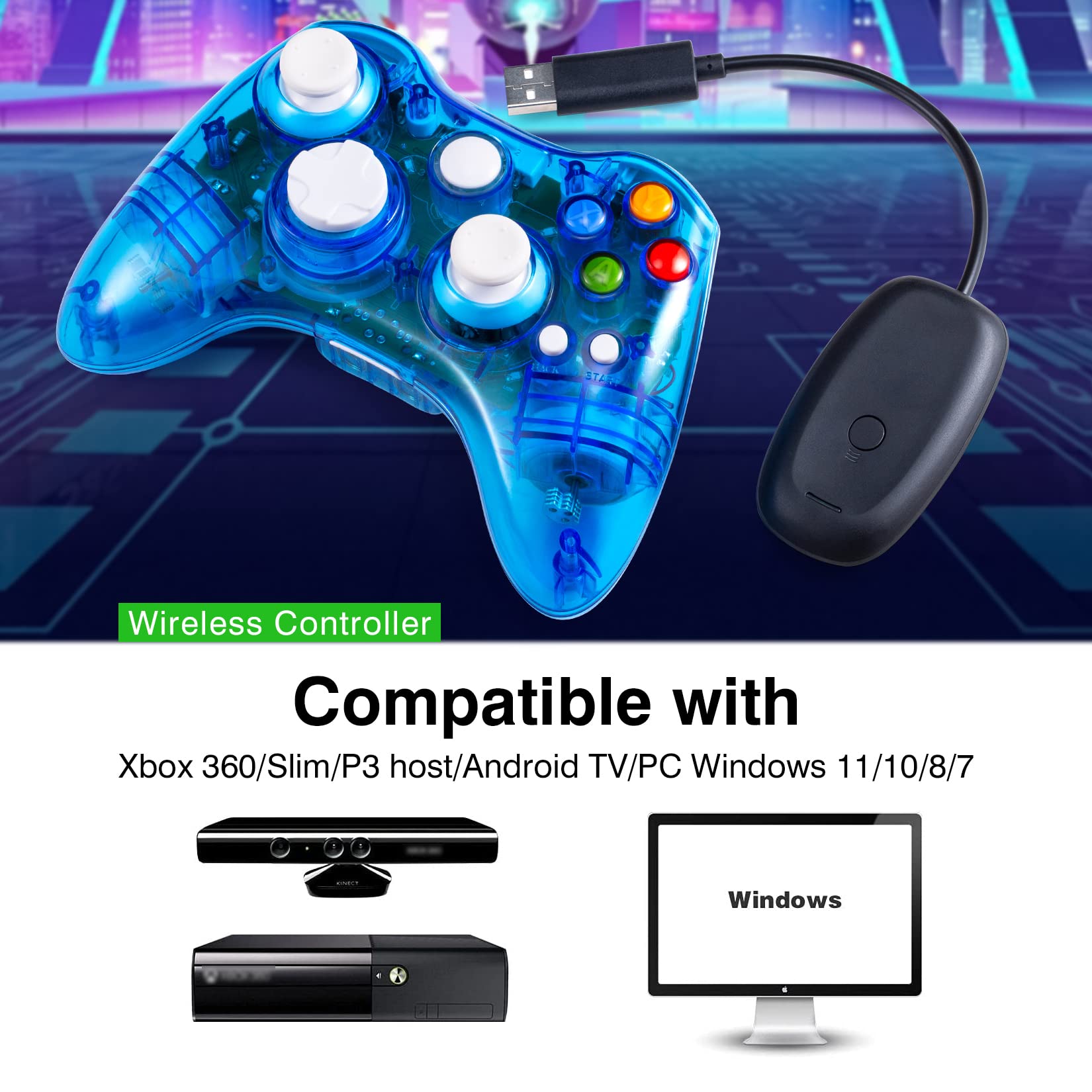 PAWHITS Wireless Xbox 360 Controller - LED Gamepad for Xbox 360 & PC - Enhanced Joystick & Vibration for Gaming (Blue)