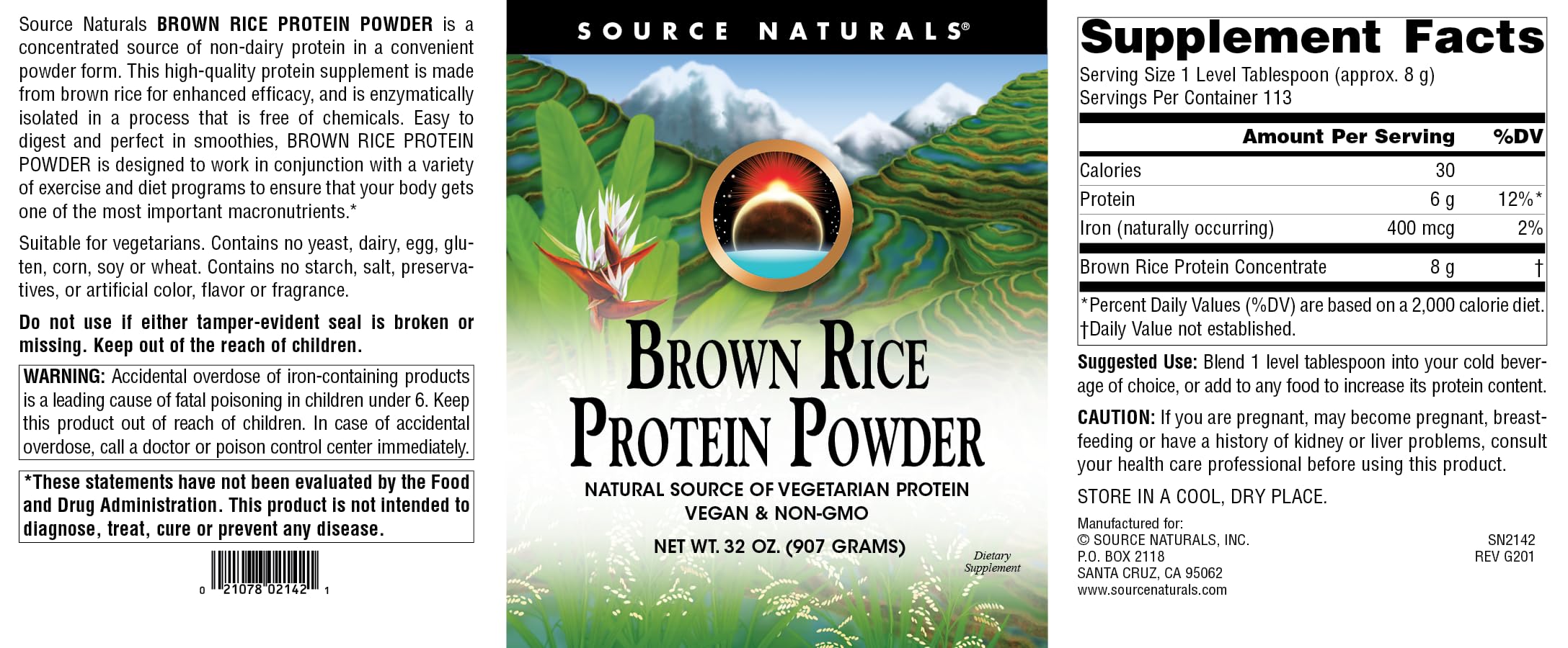 Source Naturals Organic Brown Rice Protein Powder - Vegan, Non-GMO, Gluten-Free - 32oz for Smoothies, Baking & Post-Workout Recovery
