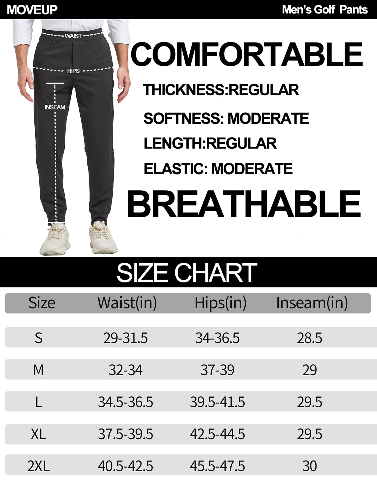 MOVEUP Men's Stretch Golf Sweatpants with Zipper Pockets - Tapered Athletic Joggers for Golf, Workout & Running - Comfortable Track Pants for Sports & Casual Wear