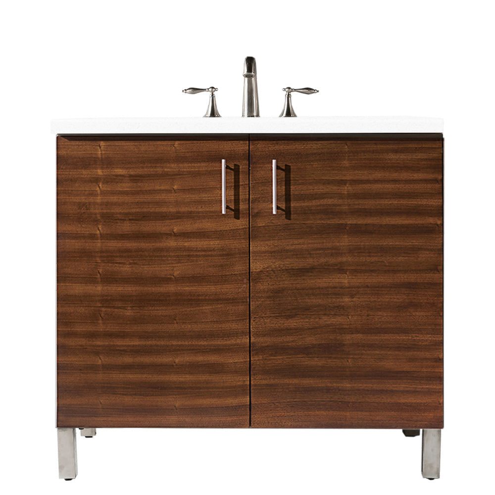 Metropolitan 36 Inch Single Bathroom Vanity with White Zeus Quartz Top - American Walnut Finish for Modern Home Decor | Perfect for Master Bath, Guest Bath & Small Space Remodeling
