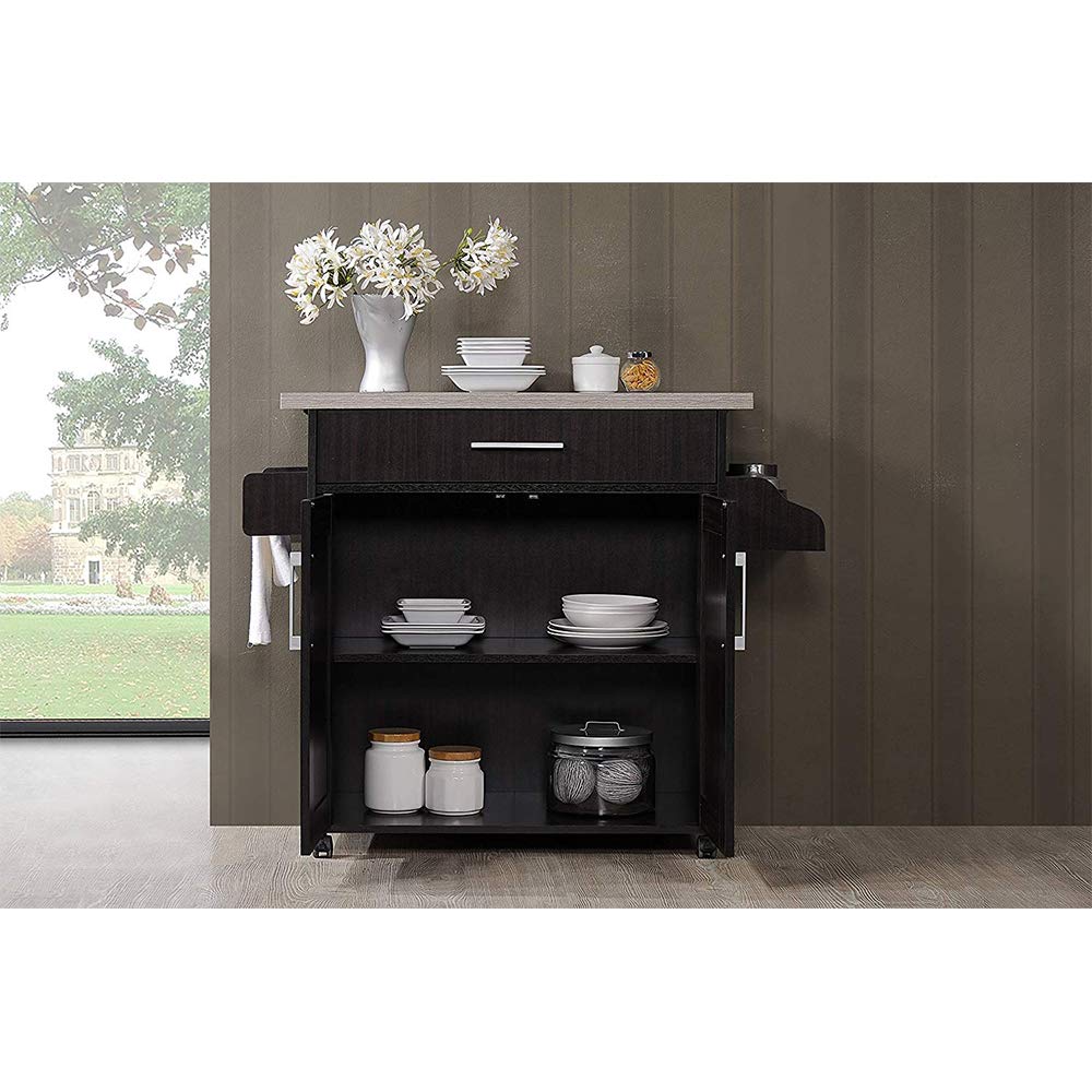 Hodedah Kitchen Island with Spice Rack, Towel Rack & Drawer - Chocolate Finish with Grey Top - Perfect for Small Kitchens, Pantry Organization & Extra Counter Space