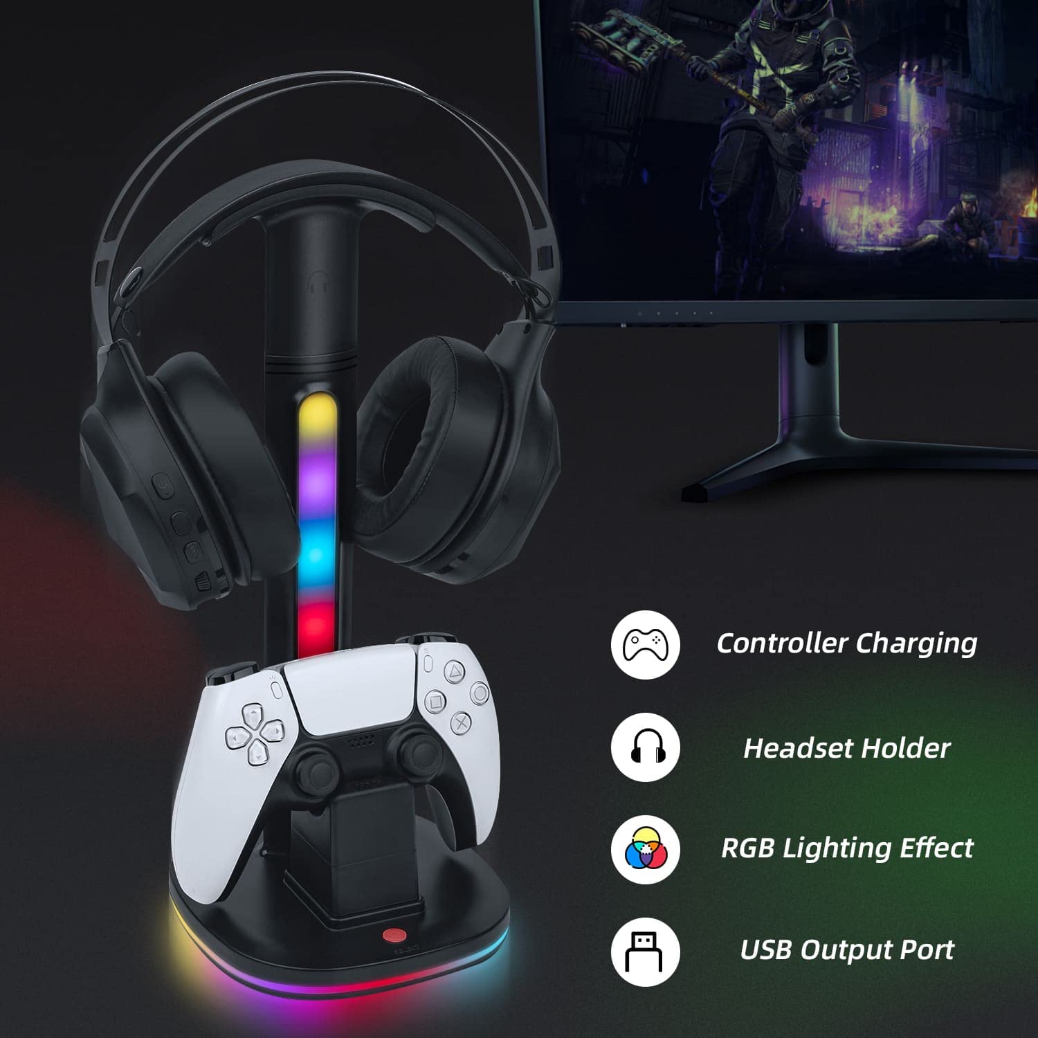 PS5 Headset Stand with RGB Charging Dock for DualSense & Edge Controllers - 2 USB Ports, Black | Gaming Accessory for Organized Playstation 5 Setup