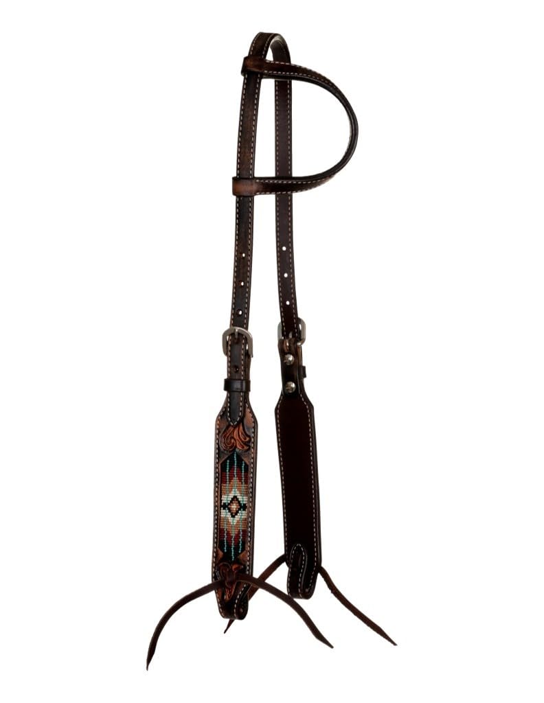 Southwest Beaded One-Ear Horse Headstall - Western Style Leather Bridle for Show & Trail Riding - Perfect for Rodeo, Equestrian Events & Ranch Work