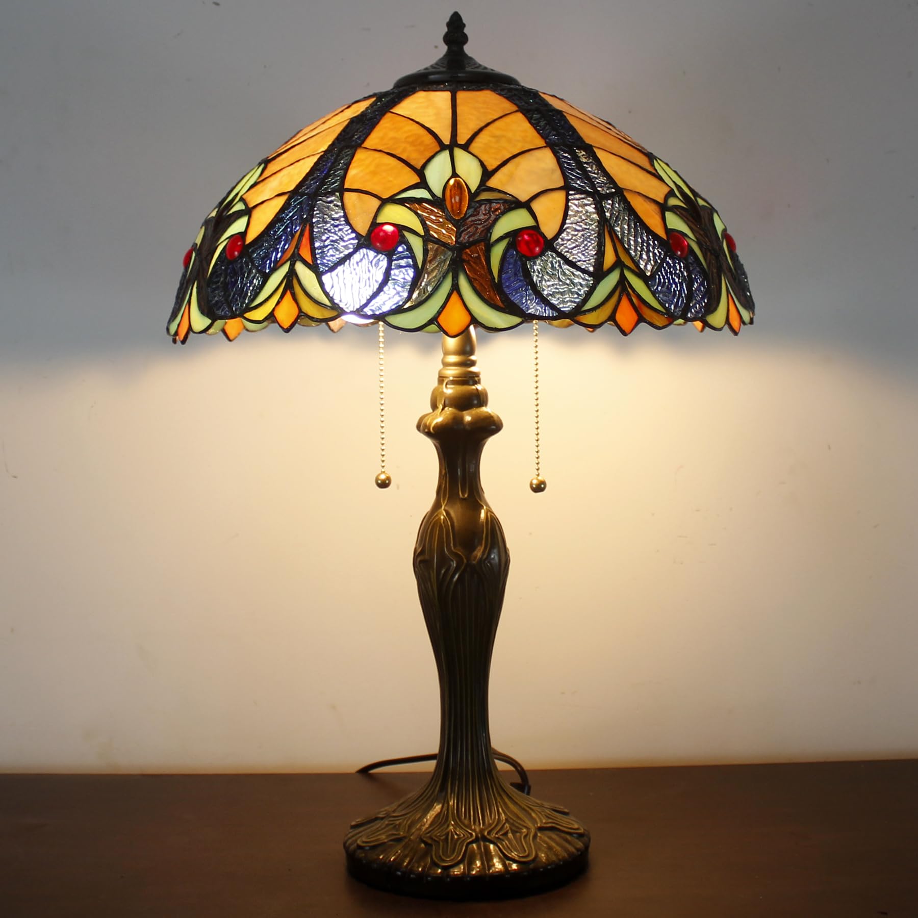 WERFACTORY Tiffany Style Yellow Stained Glass Table Lamp - 16x16x24 Inches Bedside & Desk Light with Metal Base for Bedroom, Living Room, Home Office (S160E Series) | Perfect for Reading, Decor & Ambient Lighting