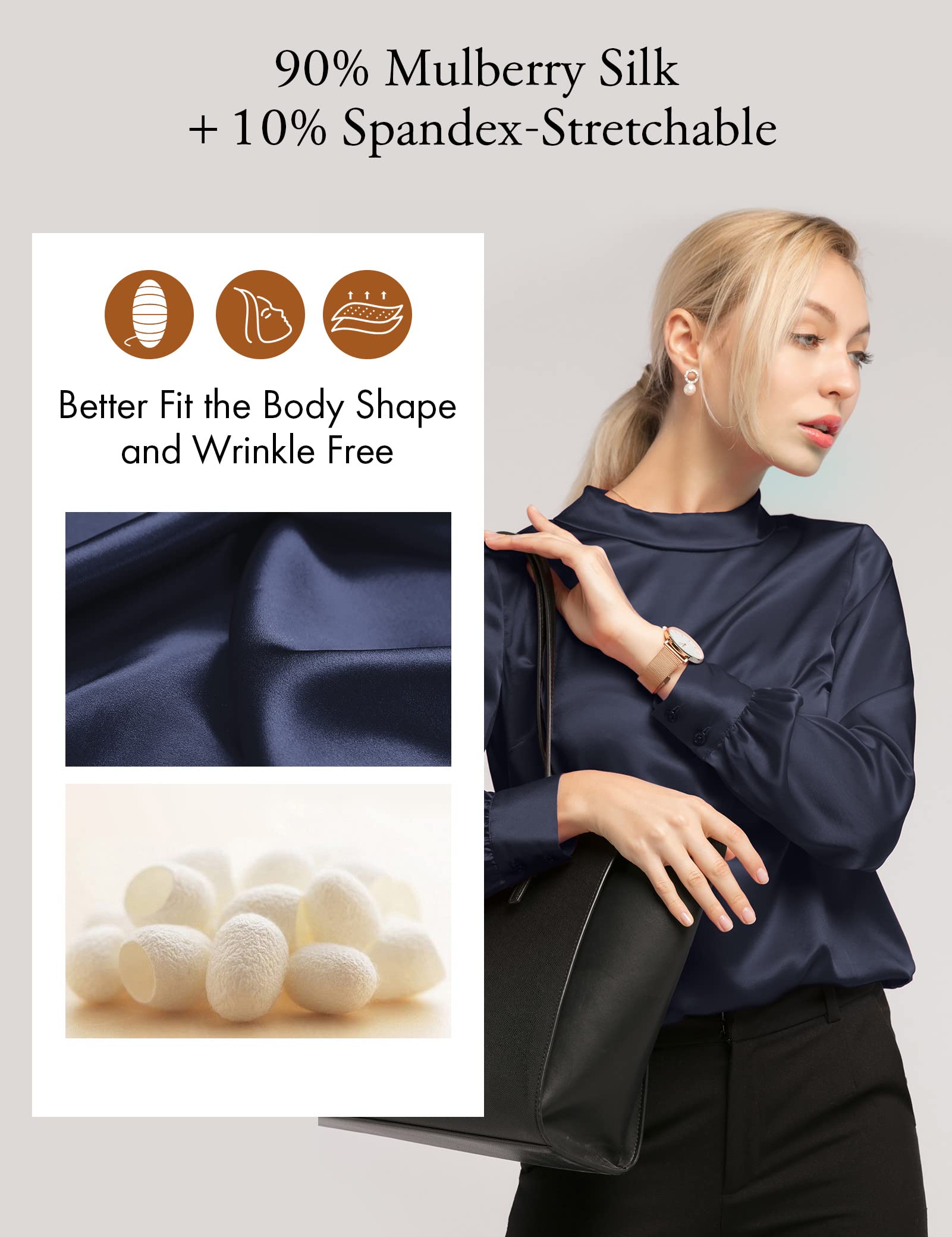 LilySilk 100% Pure Silk Blouse for Women - Long Sleeve Stand Collar Button Down Shirt with Back Closure | Stretchy, Breathable & Comfortable | Perfect for Work, Office & Formal Occasions