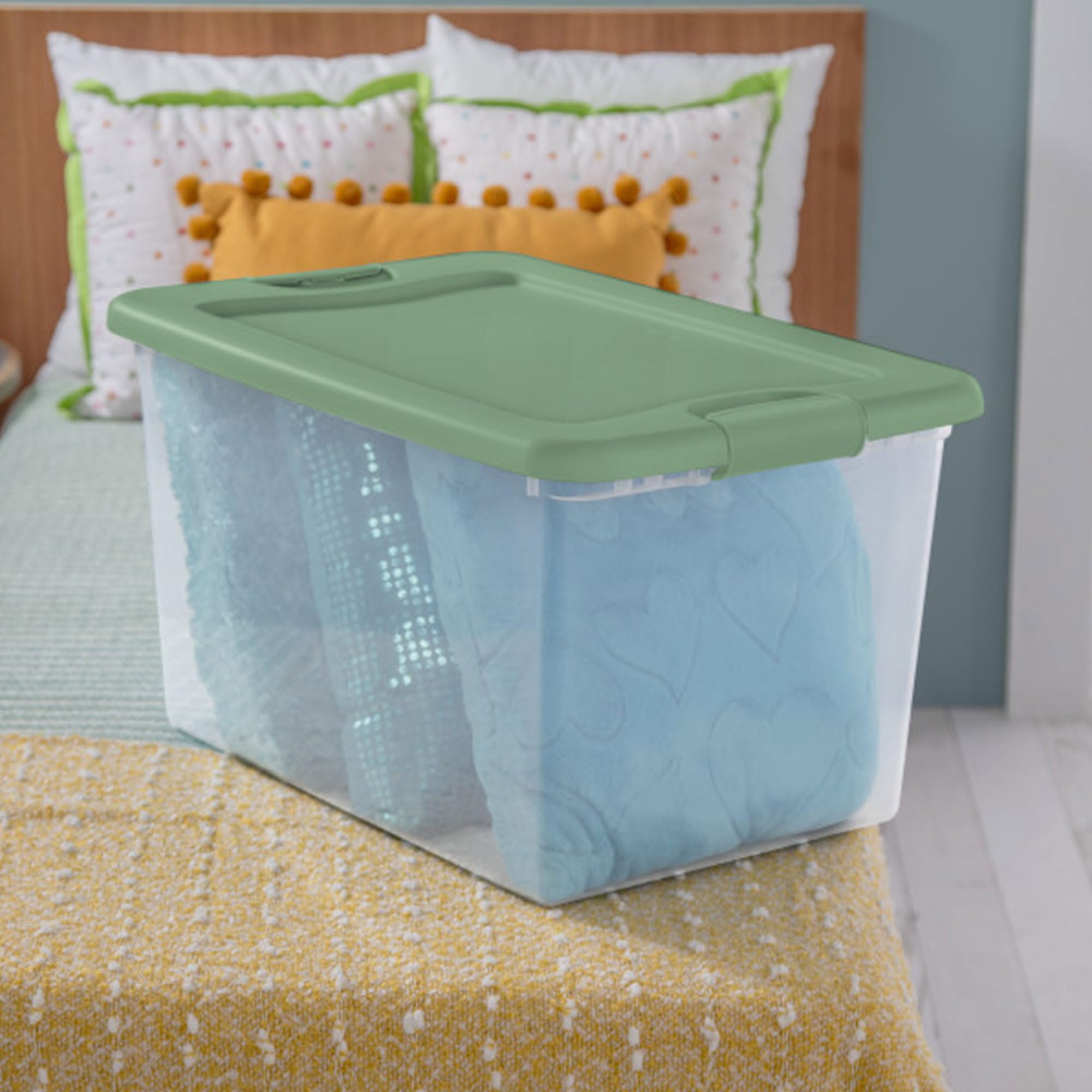 Sterilite 18-Pack 64 Qt Clear Plastic Storage Bins - Stackable Closet Organizers with Latching Lids for Home, Office & Garage Organization (Green)