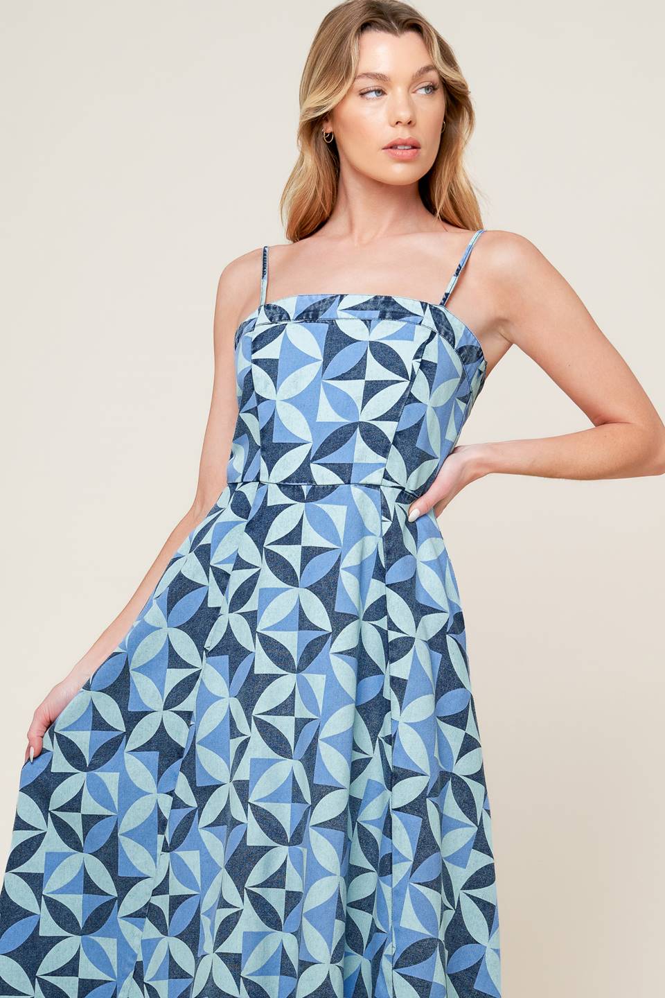 GWENNY Geometric Blue Denim Midi Dress - Stylish Casual & Party Wear for Women | Perfect for Office, Date Night & Summer Outings