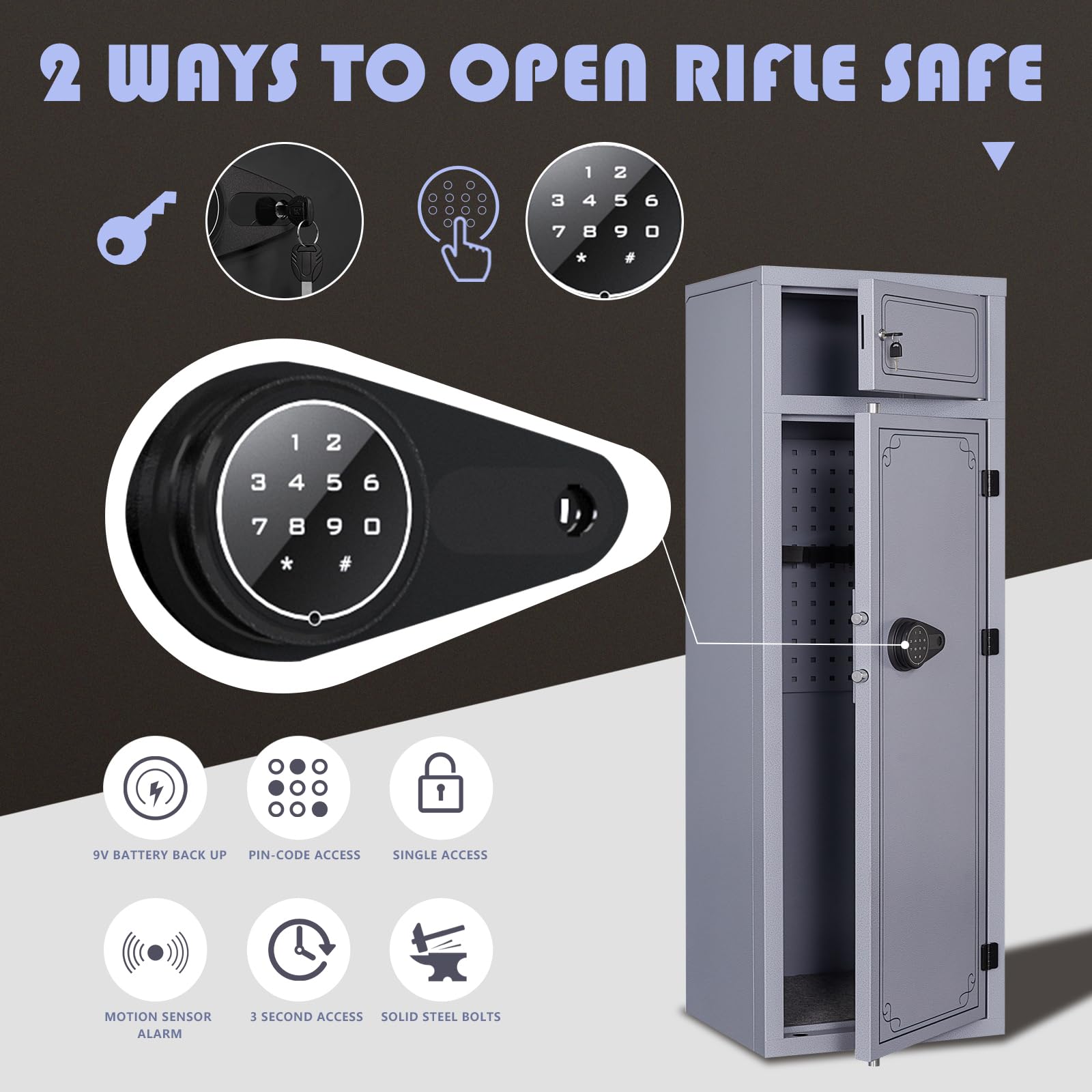 KAER 10-12 Gun Safe for Rifles, Pistols & Shotguns - Digital Keypad Lock, Adjustable Shelves, Heavy Duty Metal Cabinet - Home & Office Security Safe for Firearm Storage (Grey)