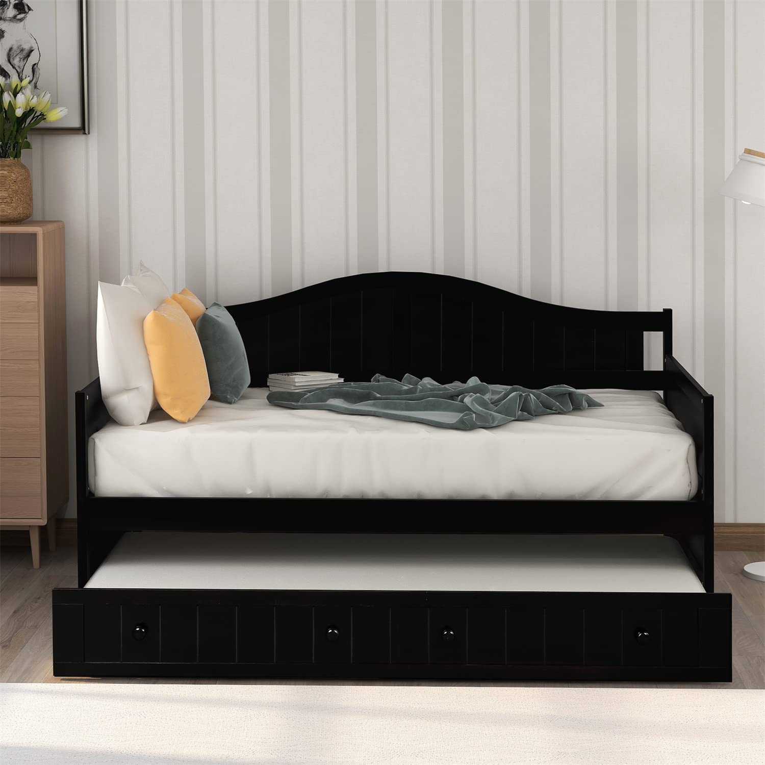 TRIPLE TREE Wooden Twin Daybed Frame with Trundle - Sturdy Wood Sofa Bed for Kids, Teens & Adults | 10-Slat Platform Support | No Box Spring Needed | Espresso Finish | Perfect for Small Spaces, Guest Rooms & Living Rooms