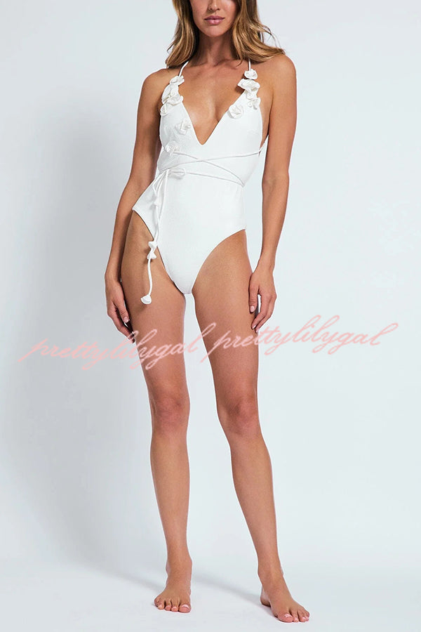 Solid Color Lace-Up Floral One Piece Swimsuit - Stretchy Comfort for Beach, Pool & Summer Vacations