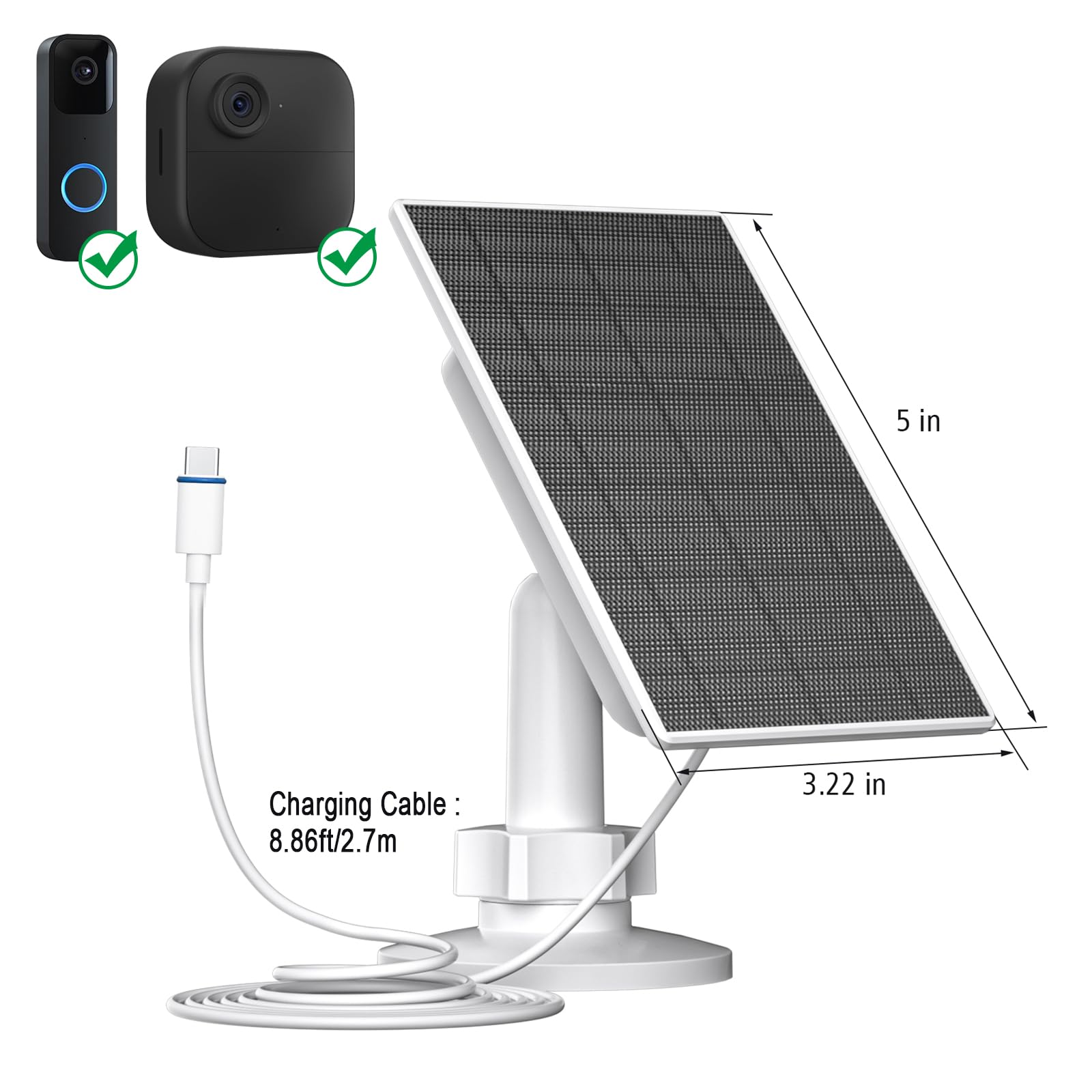 Zivif 2W Solar Panel for Blink Outdoor 4 & Video Doorbell Camera - USB C Solar Charger with 8.86ft Cable & 360° Adjustable Bracket - Weatherproof Outdoor Security Camera Charging Solution for Home Surveillance